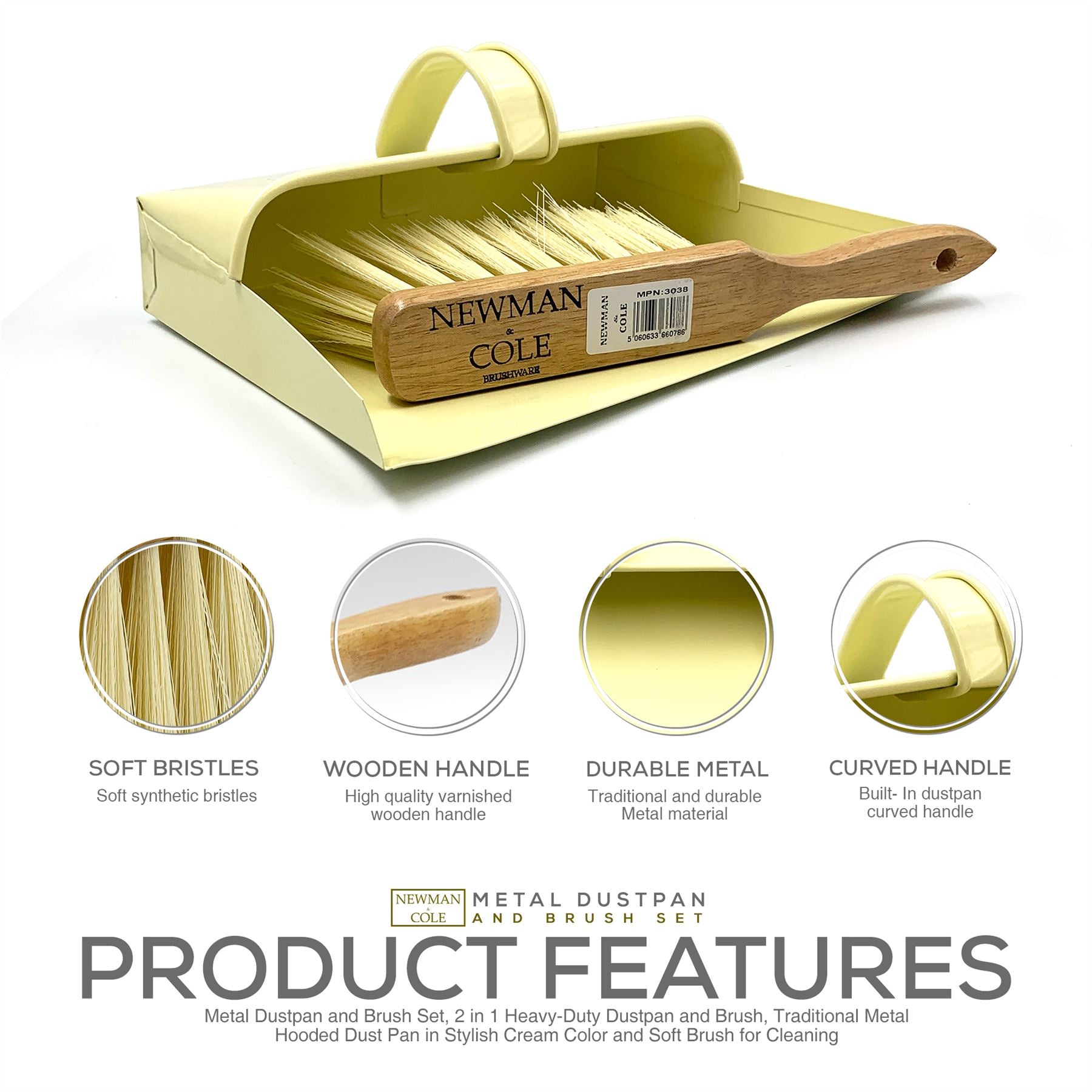 Newman and Cole Cream Metal Dustpan and Brush Set | Hooded Design - The Dustpan and Brush Store