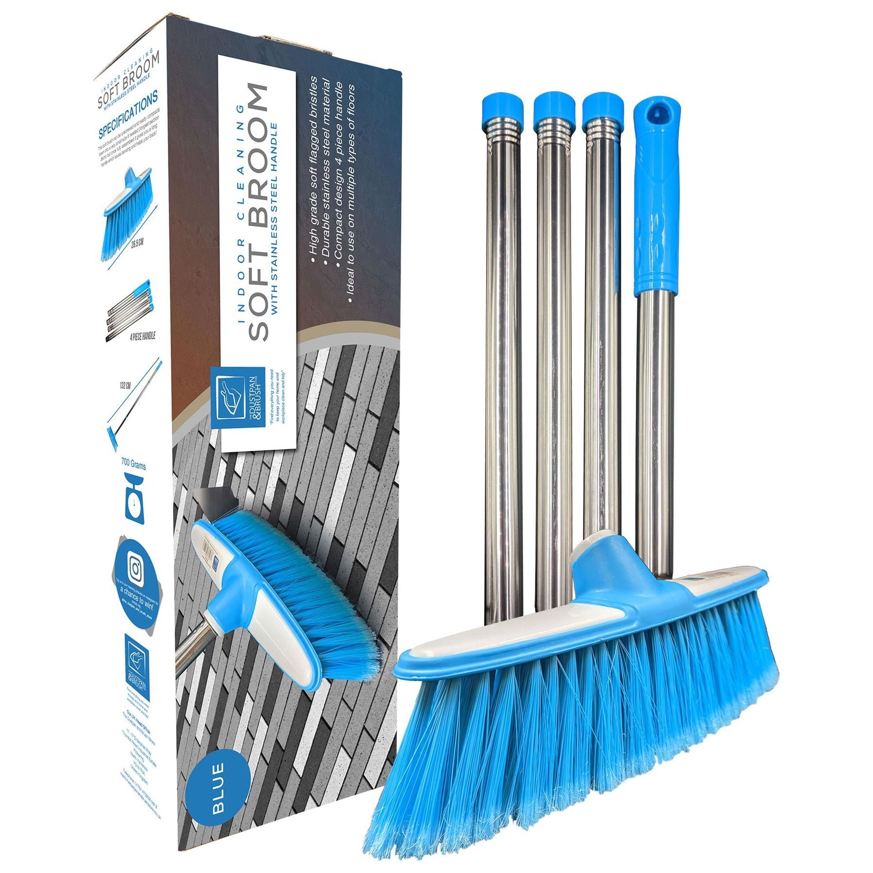 Blue & White Indoor Broom with 4 Piece Stainless Steel Handle - The Dustpan and Brush Store