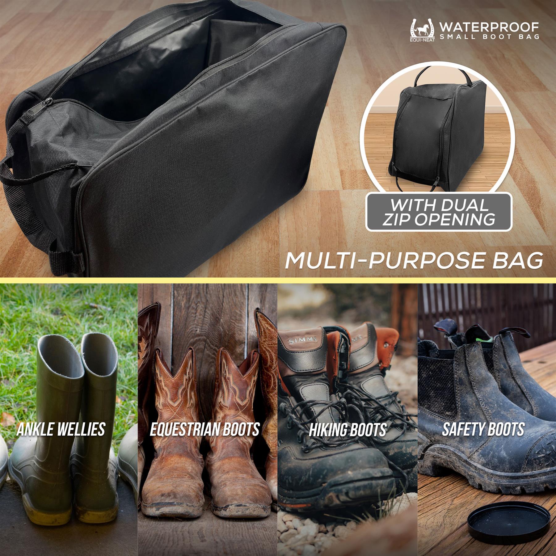 Black waterproof boot bag shown open on a wood floor, with a circular inset showing the bag closed and text noting dual zip opening. Below, four use cases show the bag fitting ankle wellies, equestrian boots, hiking boots, and safety boots.
