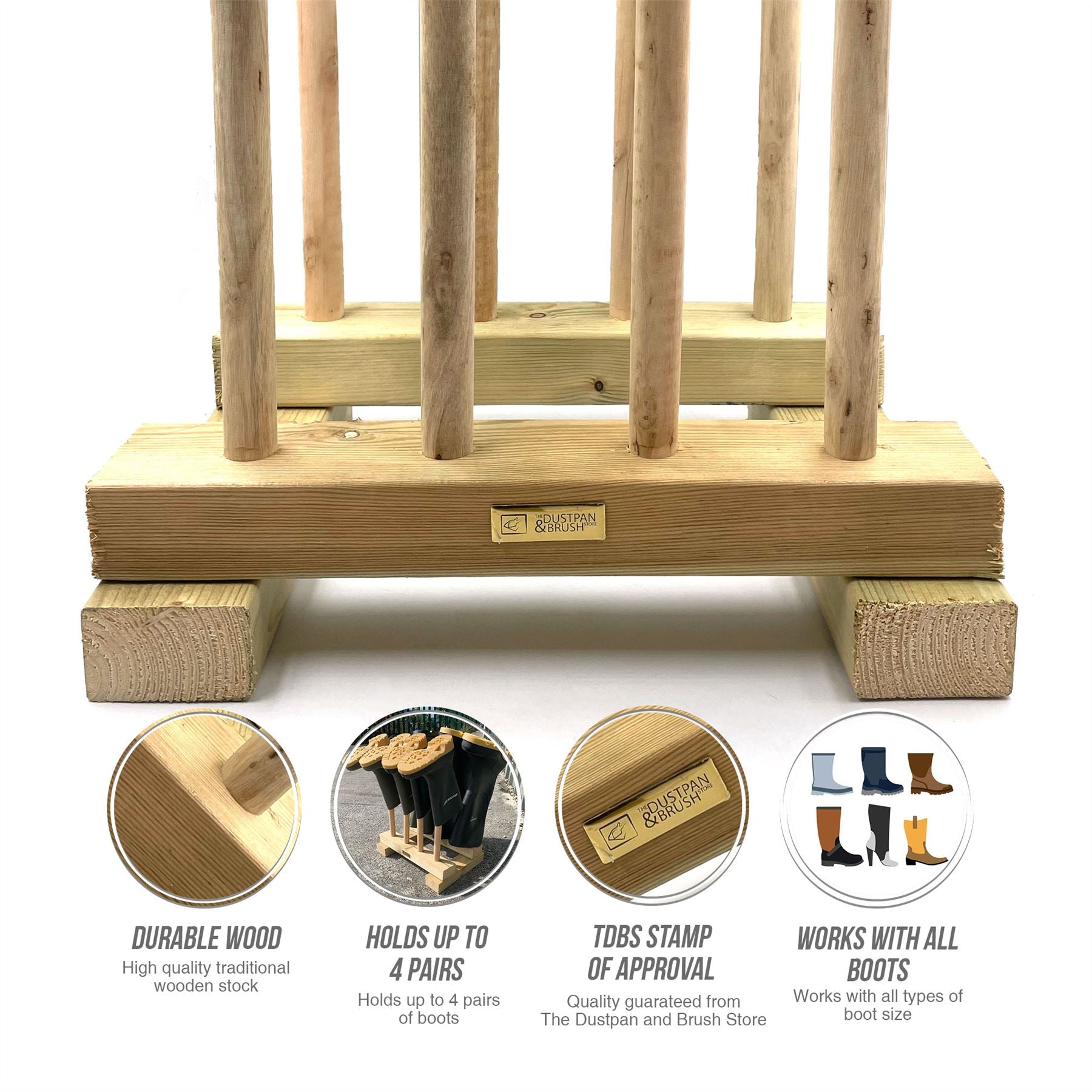 A light natural wood boot rack with four upright legs and a thick base, shown on a white background with four circular feature callouts along the bottom describing durability, capacity, TBDS stamp approval, and boot compatibility.