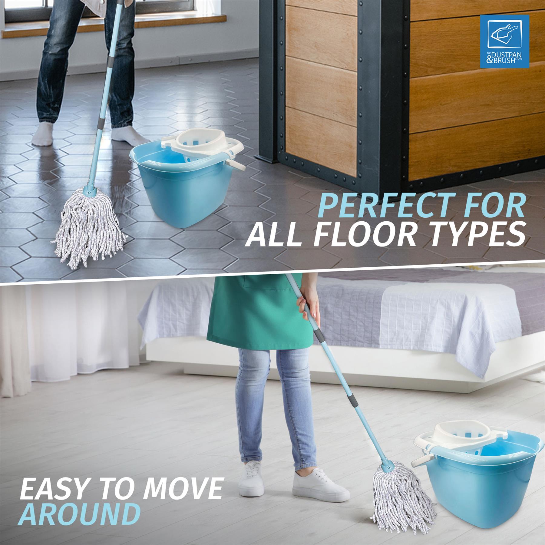 A split promotional image showing a duck egg wringer mop bucket and a long-handled floor mop being used in two indoor settings. The top panel shows a person mopping a dark tiled floor with the text 'PERFECT FOR ALL FLOOR TYPES,' and the bottom panel shows the same product on a light floor with a bed in the background and the text 'EASY TO MOVE AROUND.