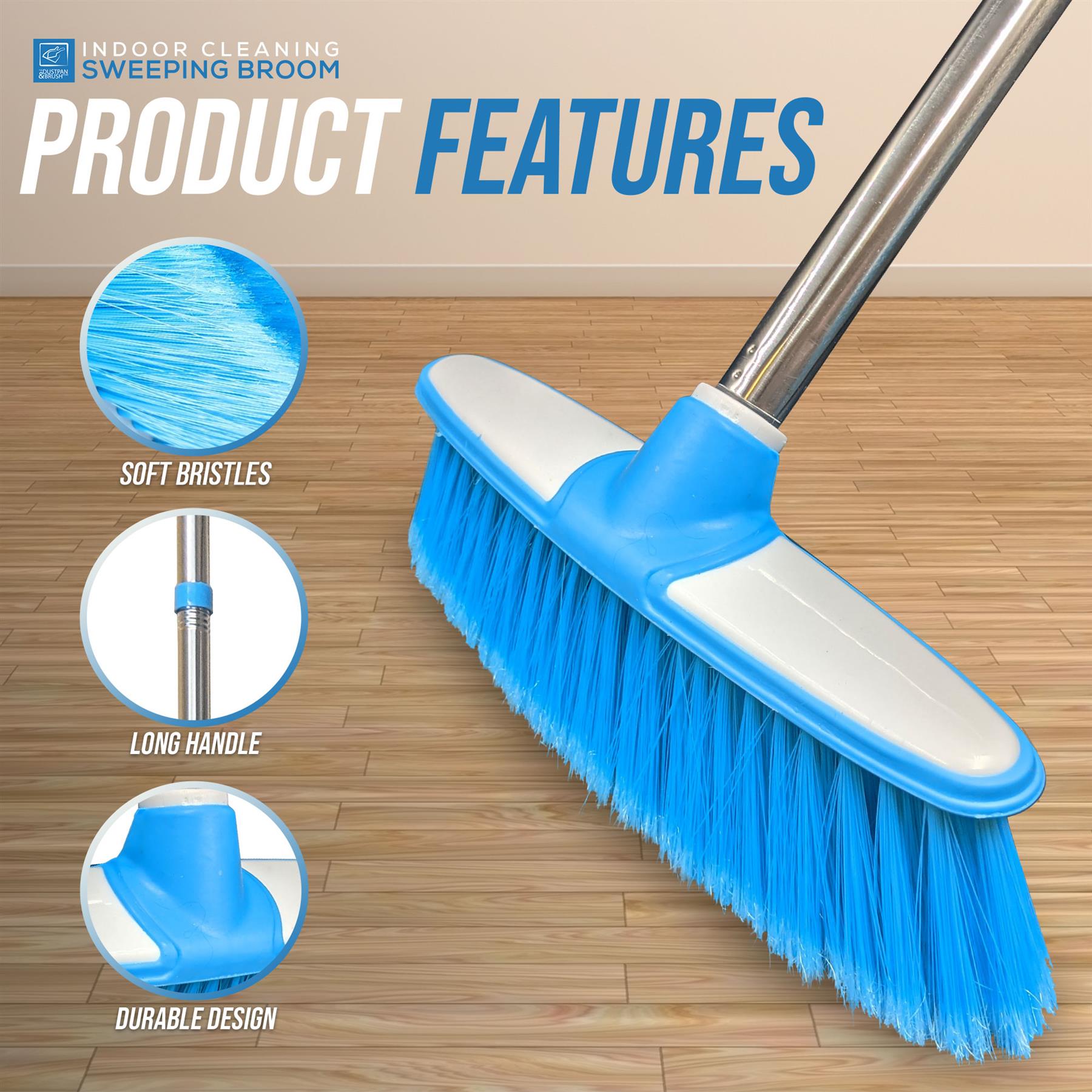 Blue & White Indoor Broom with 4 Piece Stainless Steel Handle - The Dustpan and Brush Store