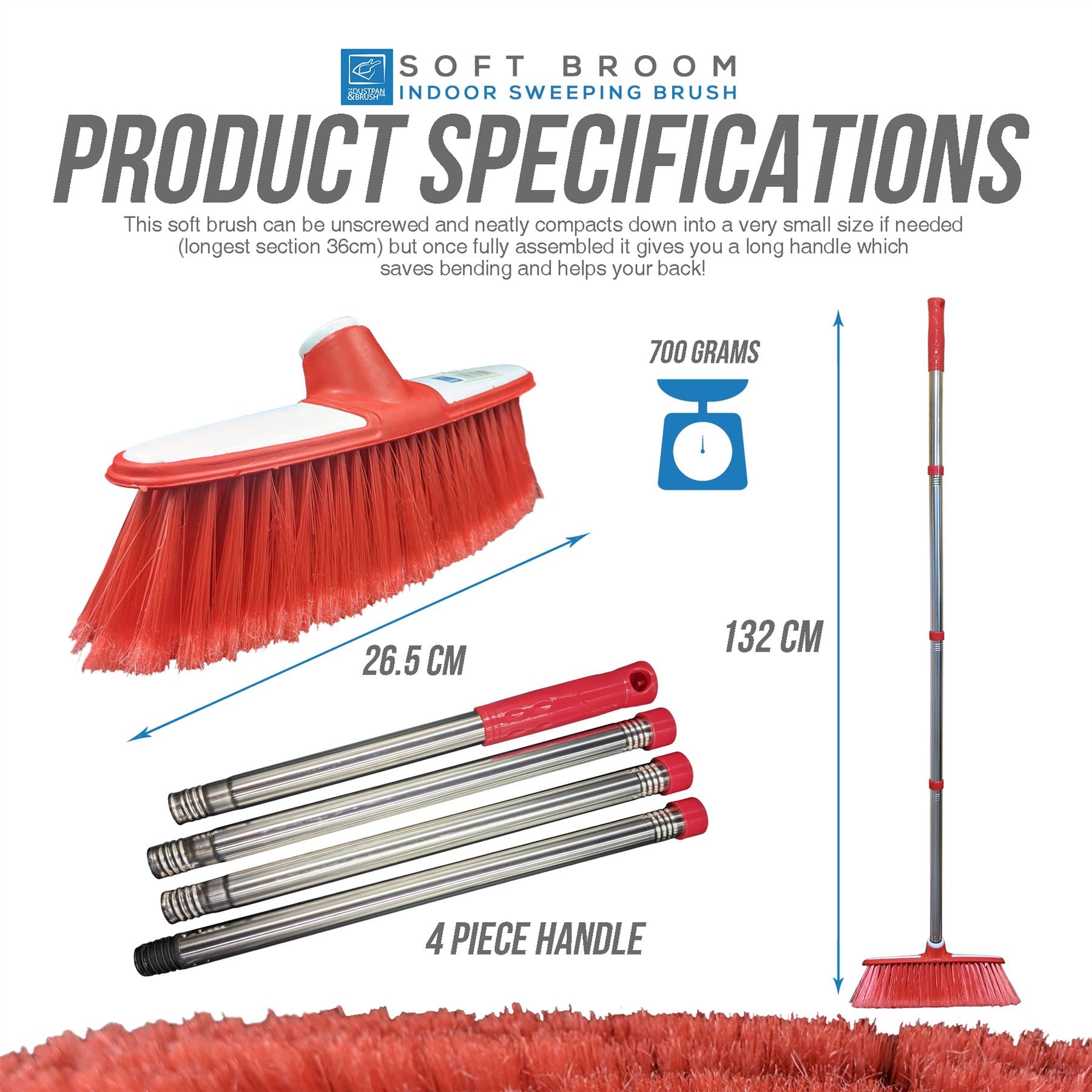 Product specifications of a red soft broom with handle and measurements on a white background.