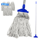 Mop with blue clip and head, featuring five additional head attachments on a white background.