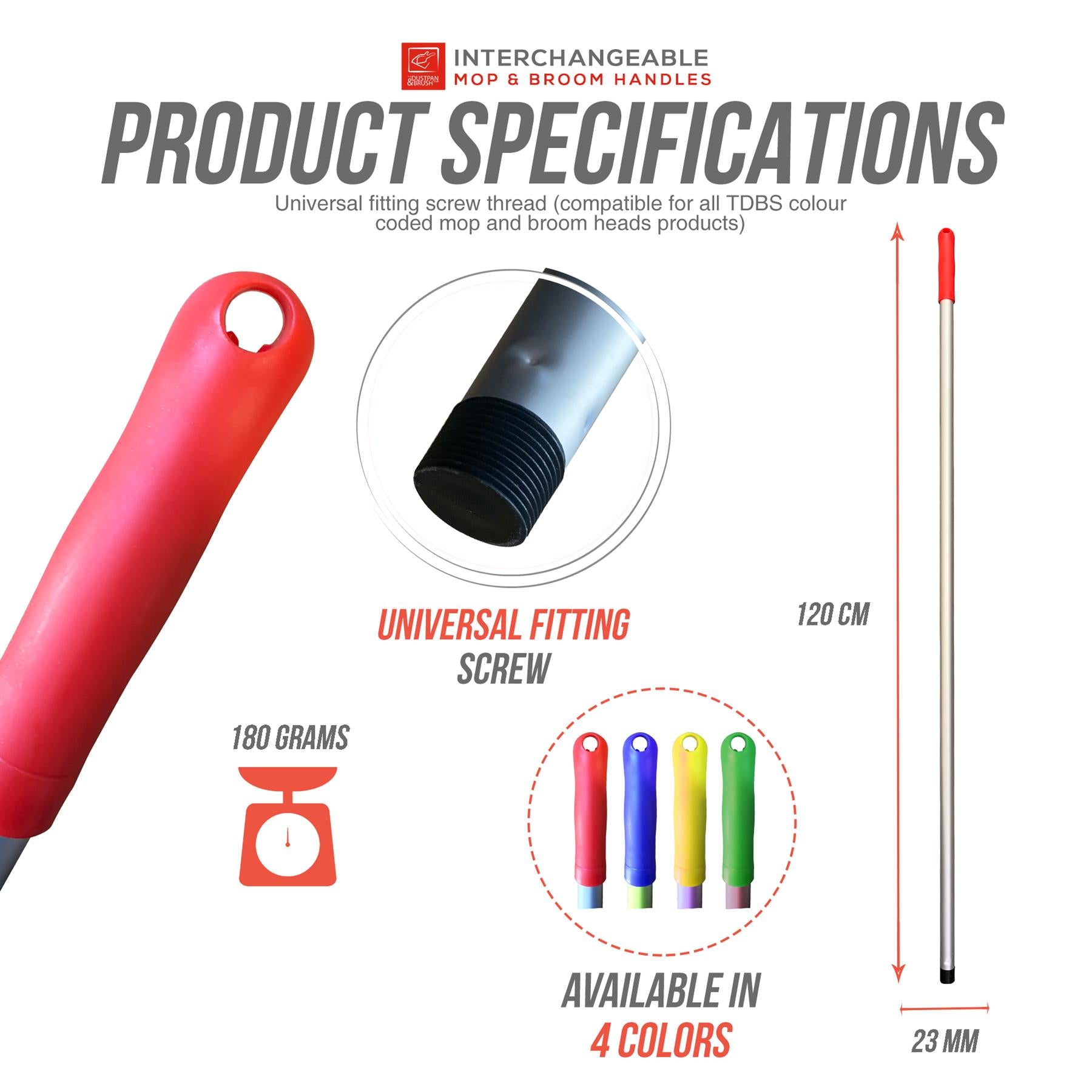 Product specifications graphic for an interchangeable mop and broom handle. The image shows a red handle on the left, a close-up of the threaded fitting in the center, dimensions of 120 cm length and 23 mm diameter on the right, plus icons indicating 180 grams weight and availability in 4 colors.