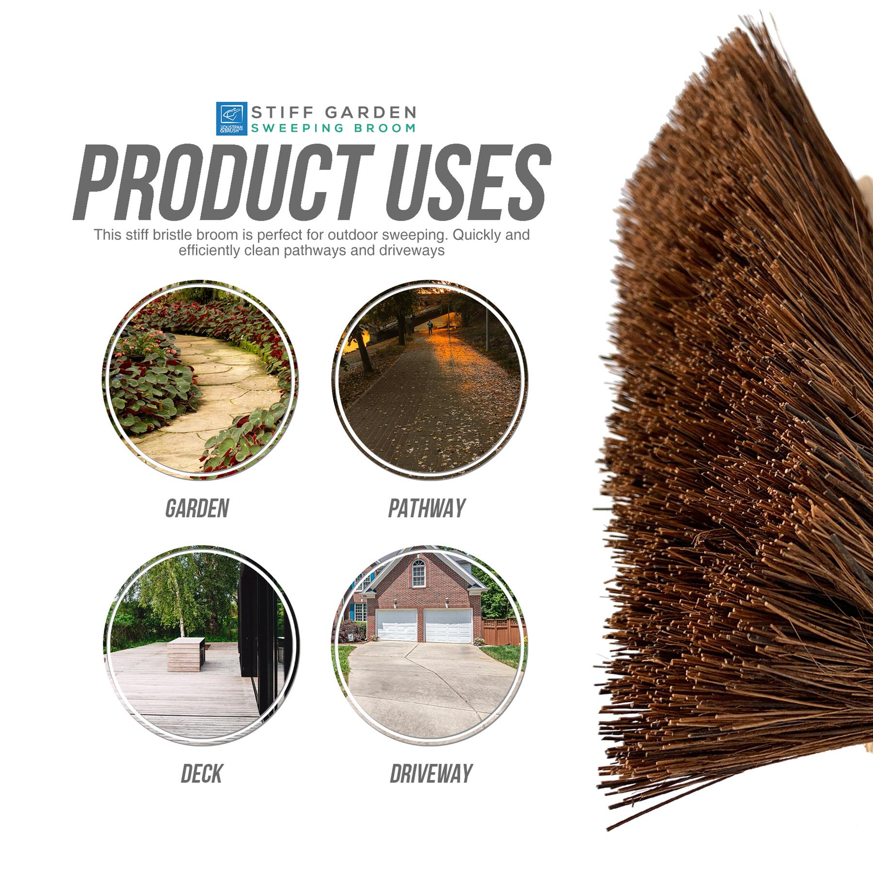 10" Stiff Bassine Broom with Metal Handle – Outdoor Yard Brush product uses - good for gardens, pathways, decks and driveways