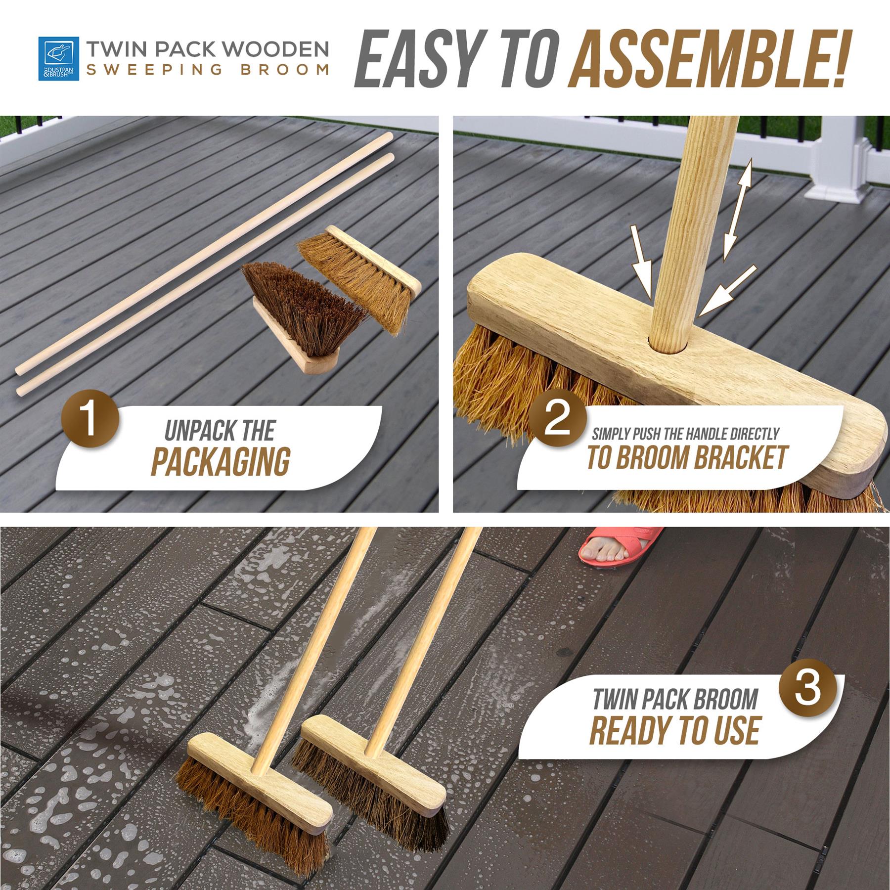 Step-by-step assembly of a twin pack wooden sweeping broom on a deck.