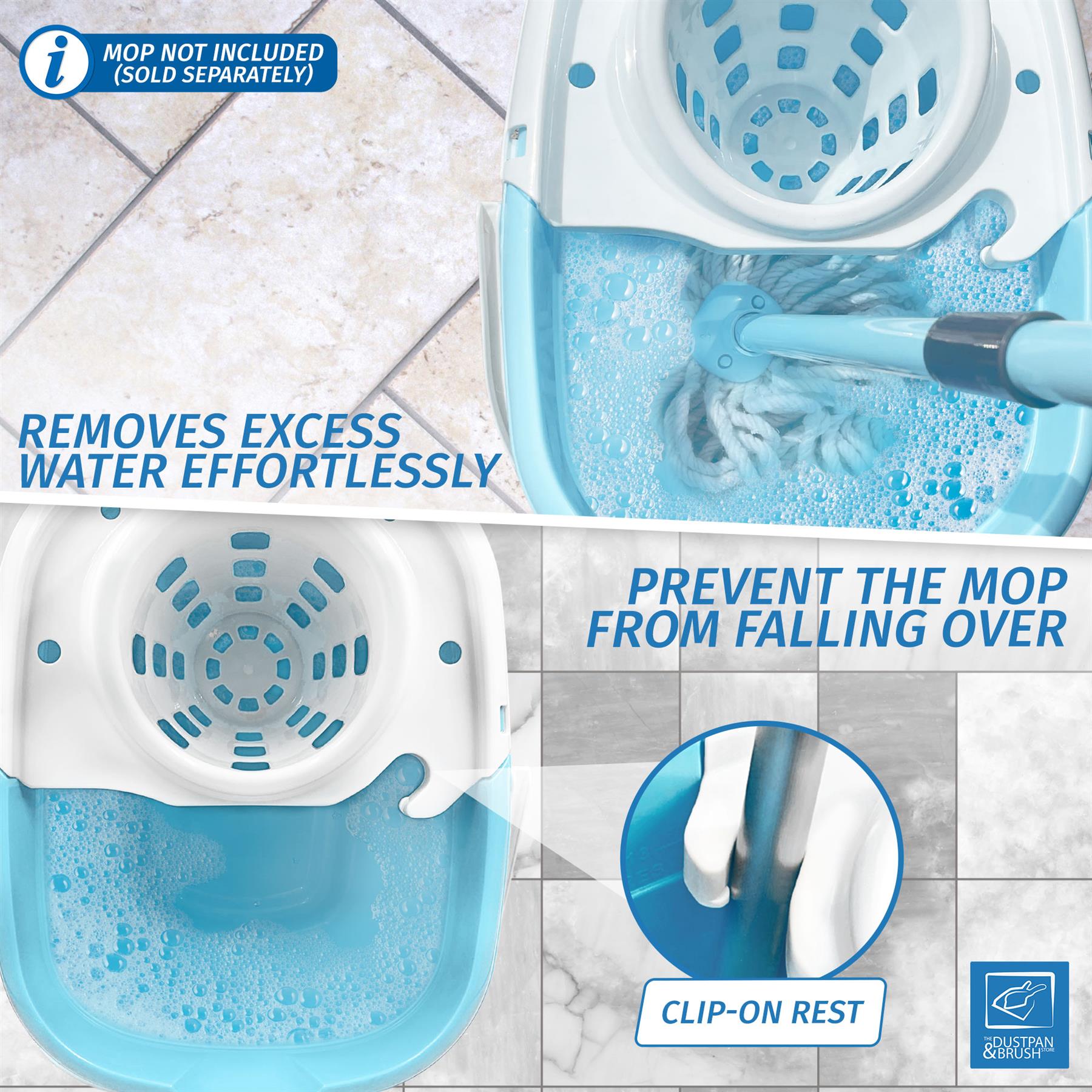 A mop bucket and wringer attachment shown in a tiled bathroom-like setting with explanatory text and callout graphics. The product includes a white and light blue bucket with a blue wringer basket, a mop handle, and a clip-on rest.