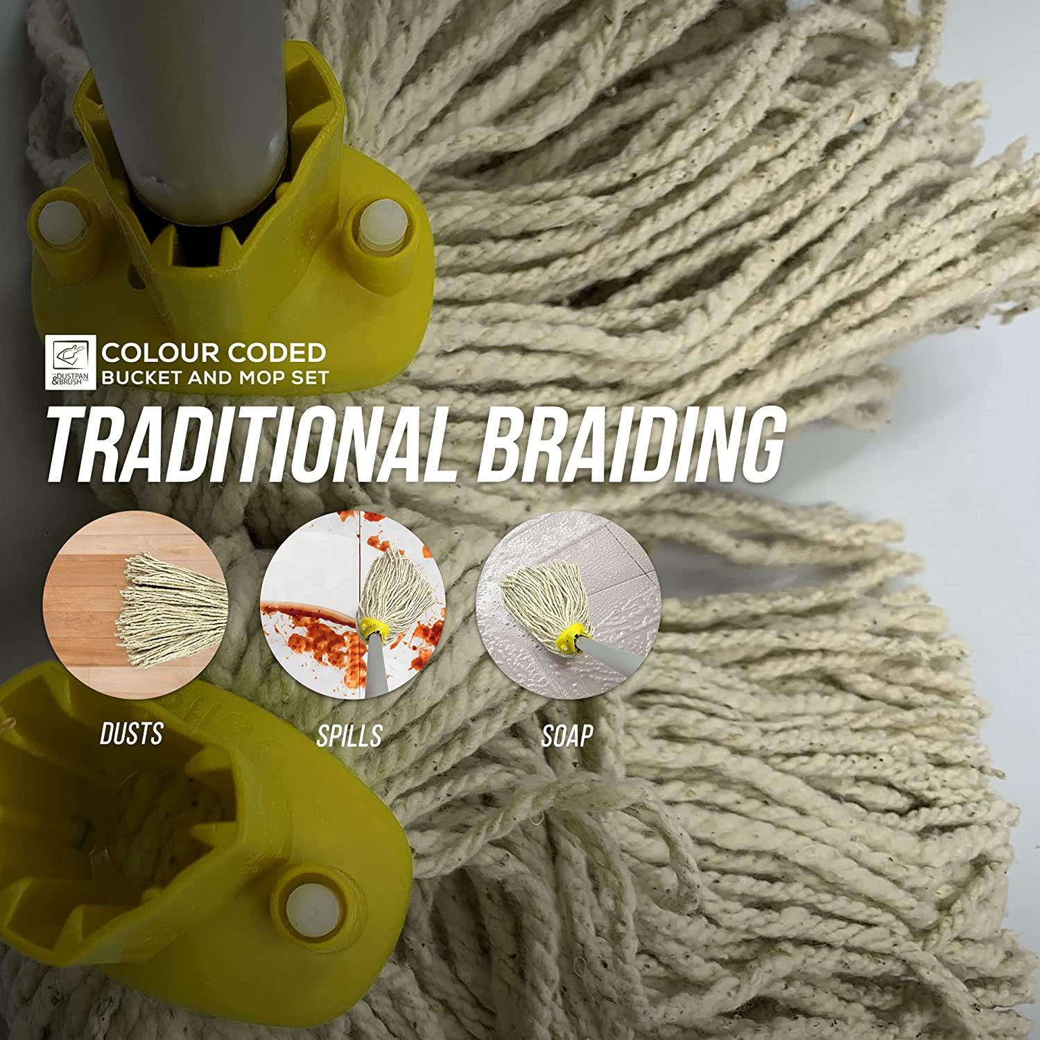 Yellow Mop Bucket with 2 Cotton Mop Heads and 4 Piece Handle - The Dustpan and Brush Store