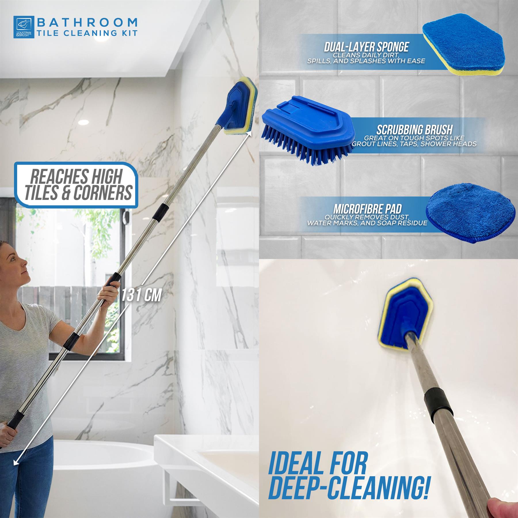 Bathroom tile cleaning kit with various cleaning tools in a bathroom setting.