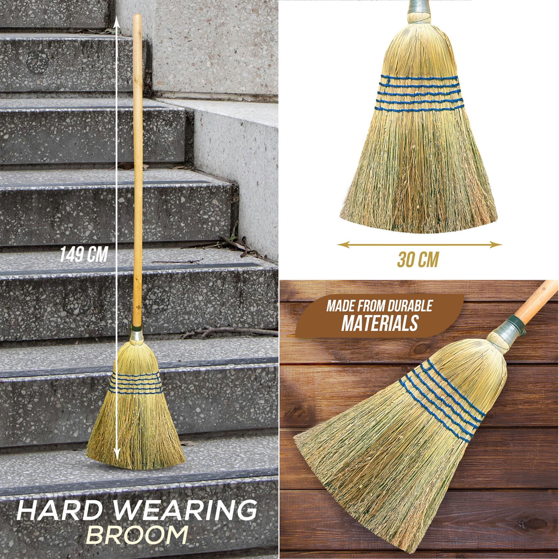A hard wearing straw broom with a wooden handle, shown in three panels: standing on outdoor stone steps with a 149 cm height measurement, isolated on a white background with a 30 cm width measurement, and on a wooden surface with a 'Made from durable materials' badge.