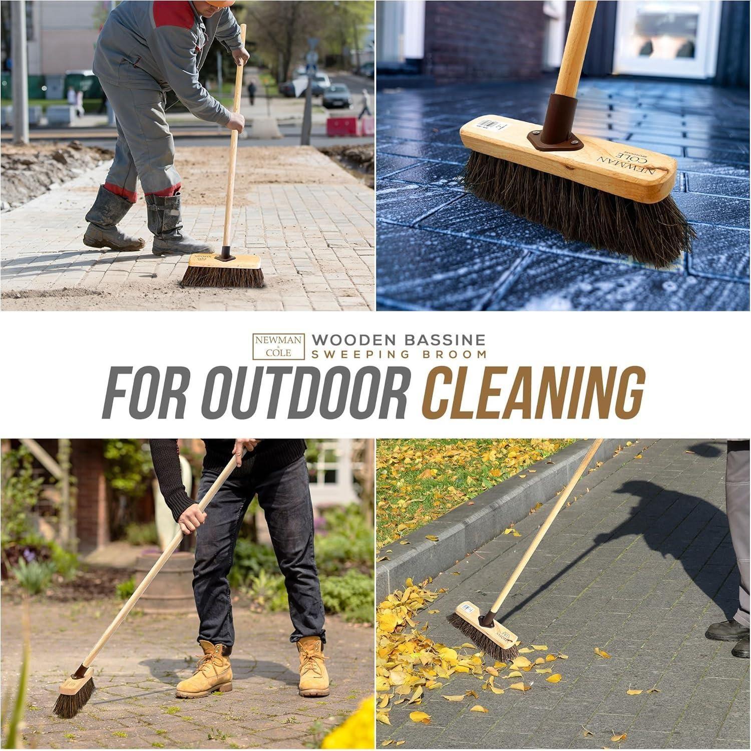 10" Stiff Bassine Brooms with Wooden Handles - Pack of 2 is perfect for outdoor cleaning