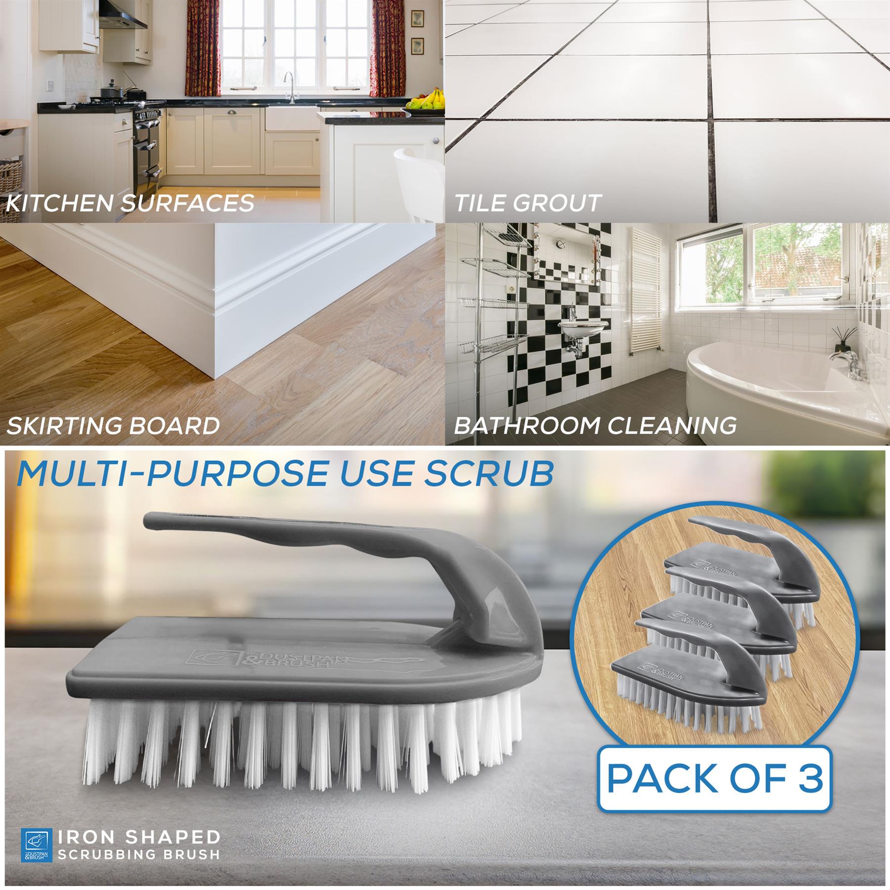 Multi-purpose scrub brush with packaging and usage examples on a gray background