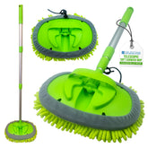 Green and gray handheld mop with telescopic handle on a white background