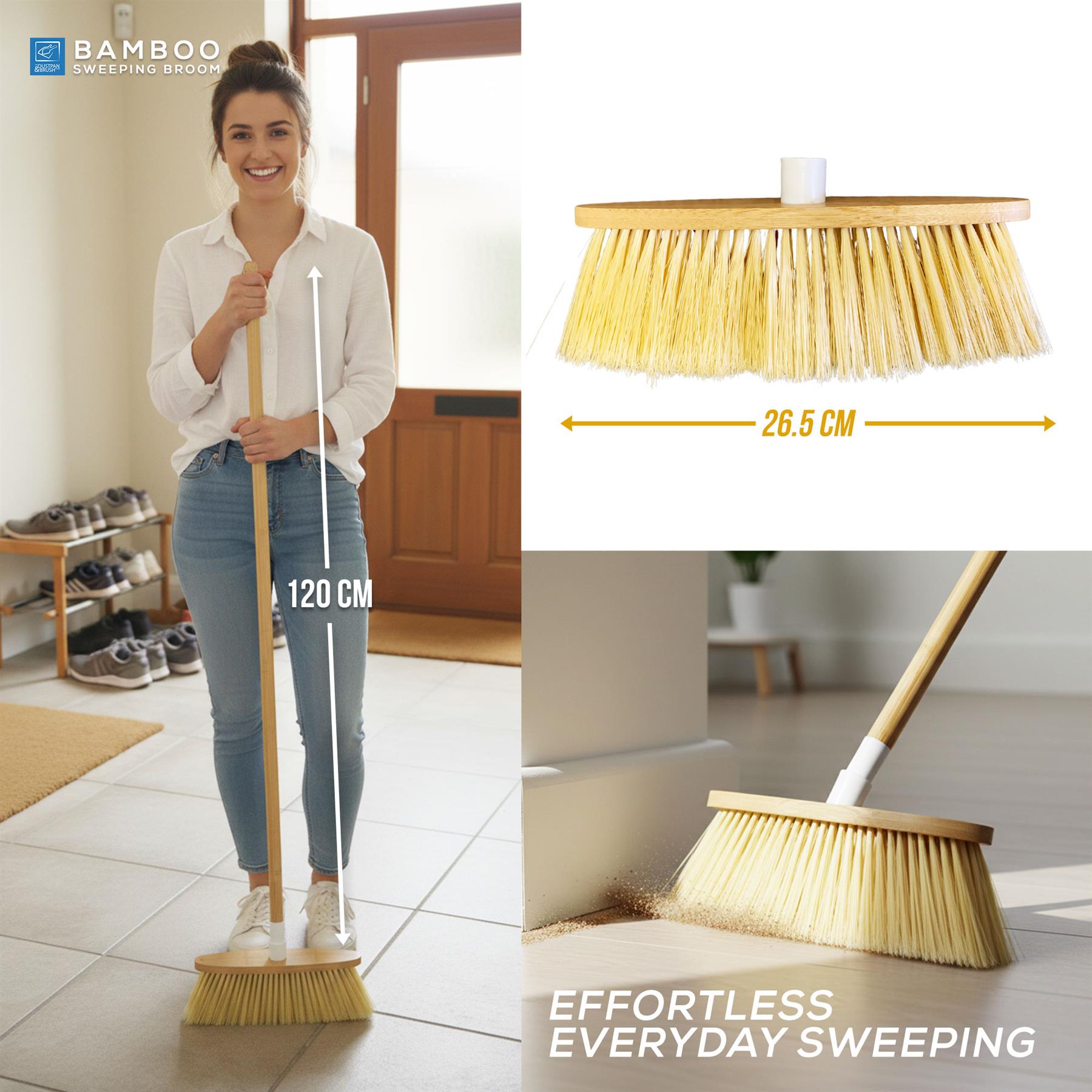 Bamboo indoor broom dimensions, woman standing with broom showing the height of it.