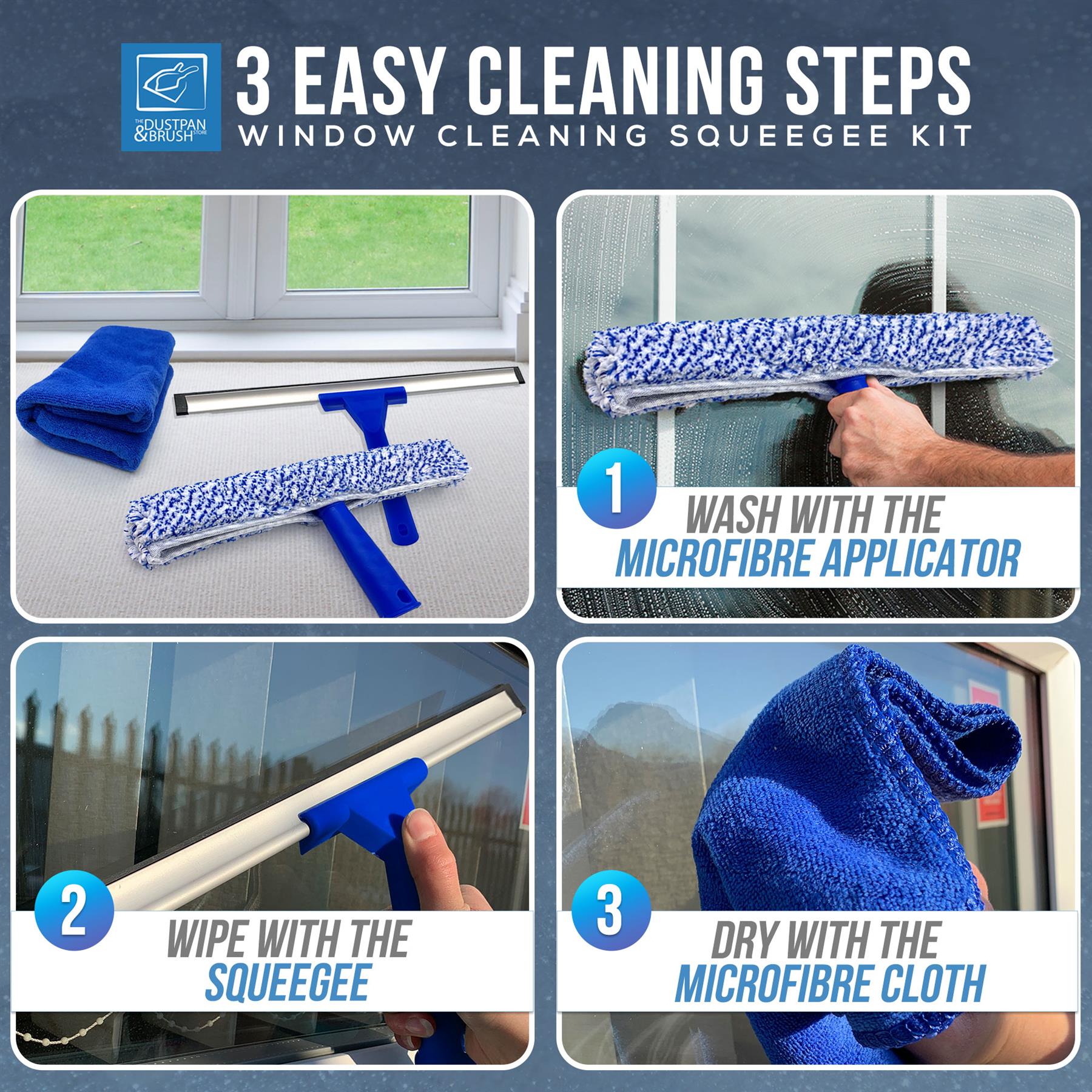 Window cleaning squeegee kit with step-by-step instructions on a blue background
