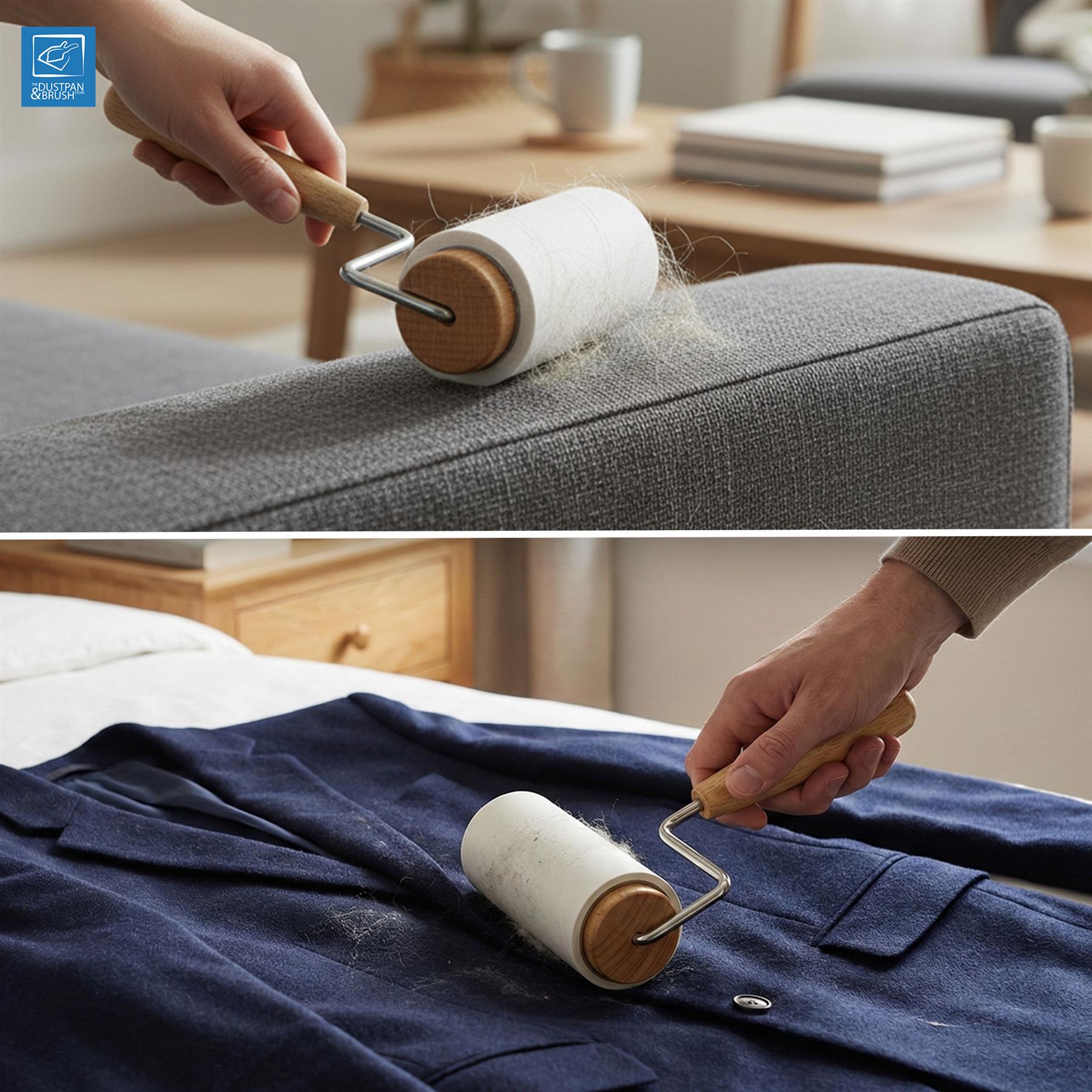 Two-panel demonstration of a lint roller being used to clean a gray upholstered armchair and a navy blue jacket. A hand holds the roller, which has a white lint cloth and light wood handle, over the surfaces.