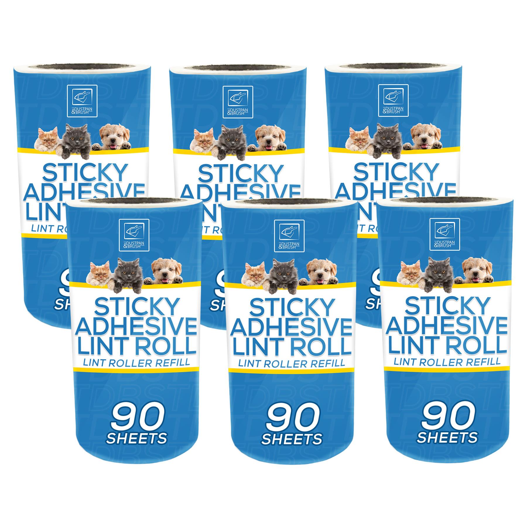 Six blue and white rolls of pet sticky adhesive lint roll refill, each labeled '90 sheets' with small dog and cat photos on the front, shown on a white background.