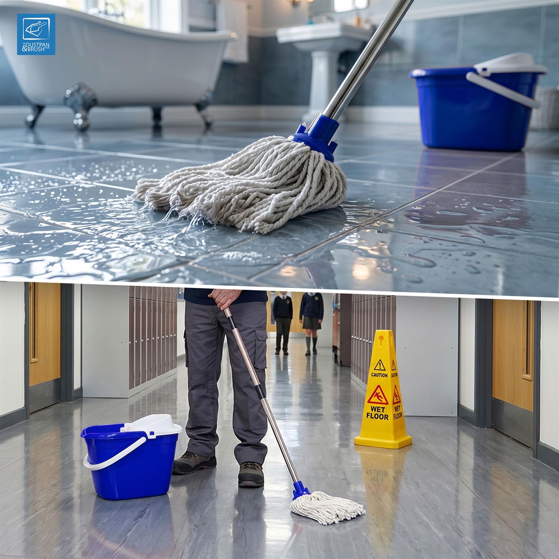 A split-screen image showing a floor mop in use. The top half shows the gray microfiber mop head and silver handle cleaning a wet, glossy tiled bathroom floor with a blue bucket nearby.