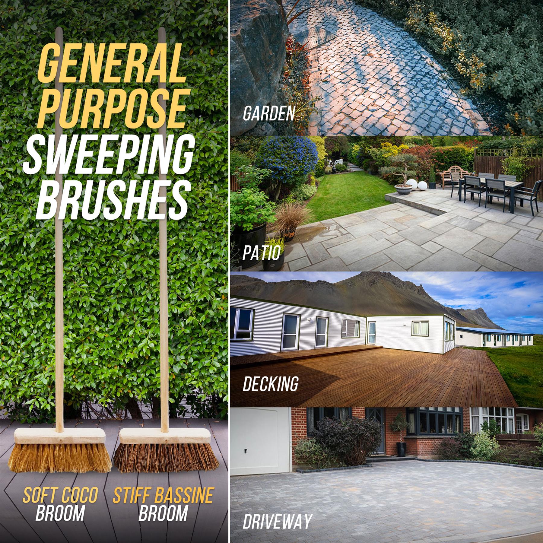 Two brooms labeled 'Soft Coco Broom' and 'Stiff Bassine Broom' with images of a garden, patio, deck, and driveway.