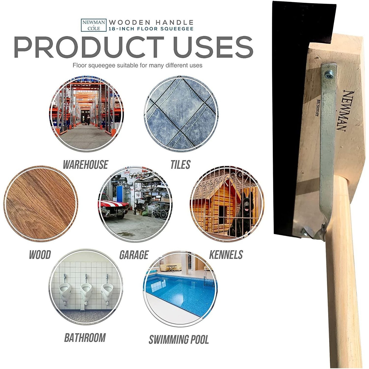 18" Newman and Cole Wooden Floor Squeegee with 1 1/8 Taper Handle - The Dustpan and Brush Store