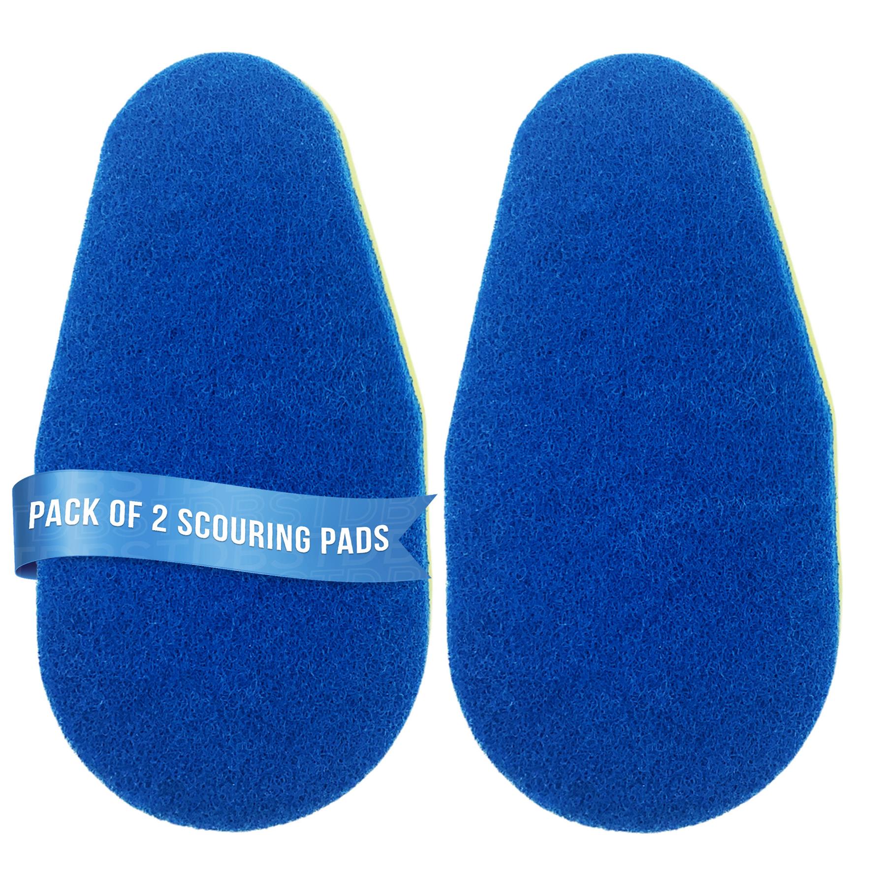 Two blue scouring pads shown side by side on a white background, with a blue paper band around the left pad that reads 'PACK OF 2 SCOURING PADS'.