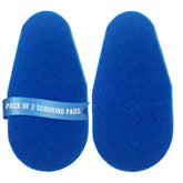 Two blue scouring pads shown side by side on a white background, with a blue paper band around the left pad that reads 'PACK OF 2 SCOURING PADS'.