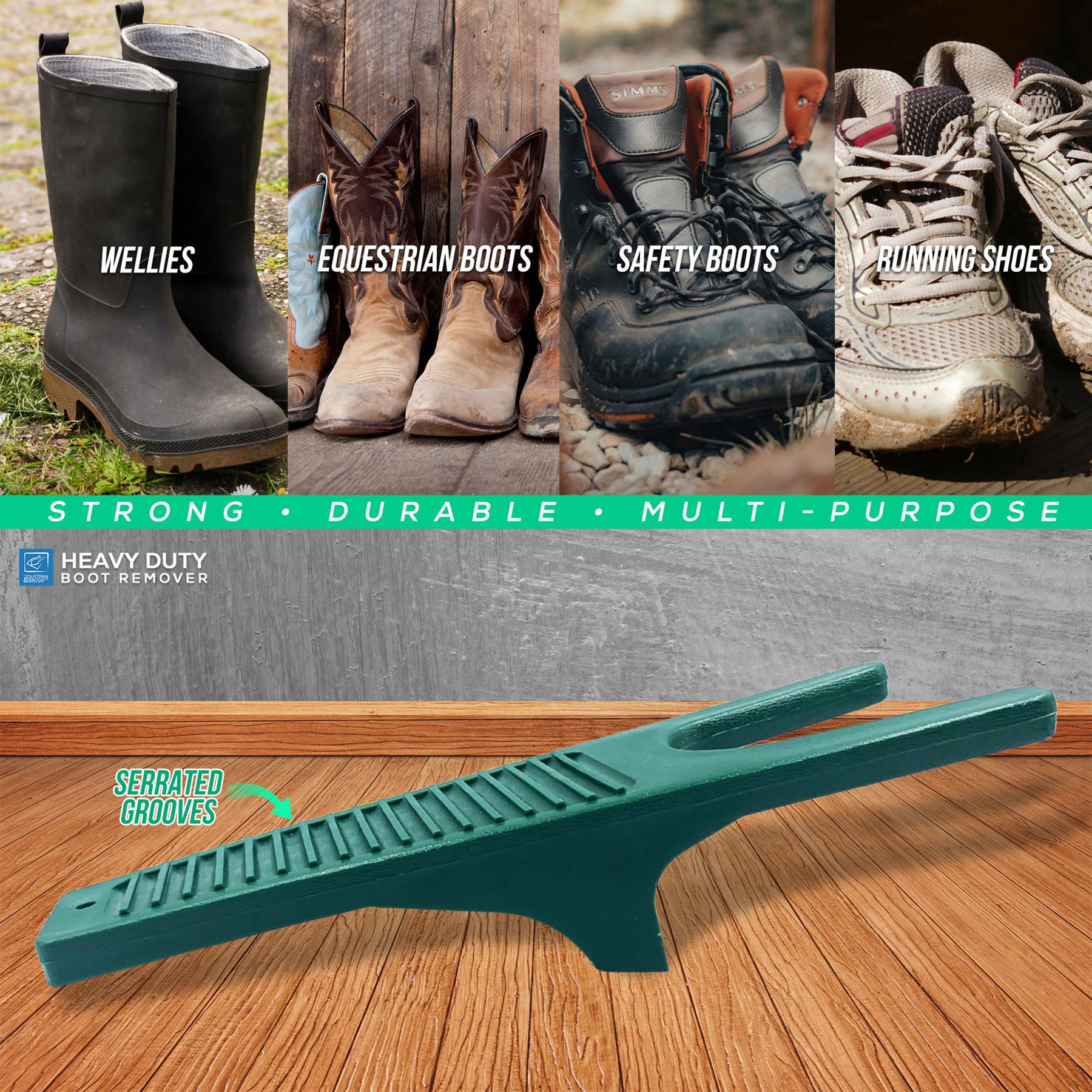 Heavy-duty boot remover on a wooden floor with various types of boots displayed above.