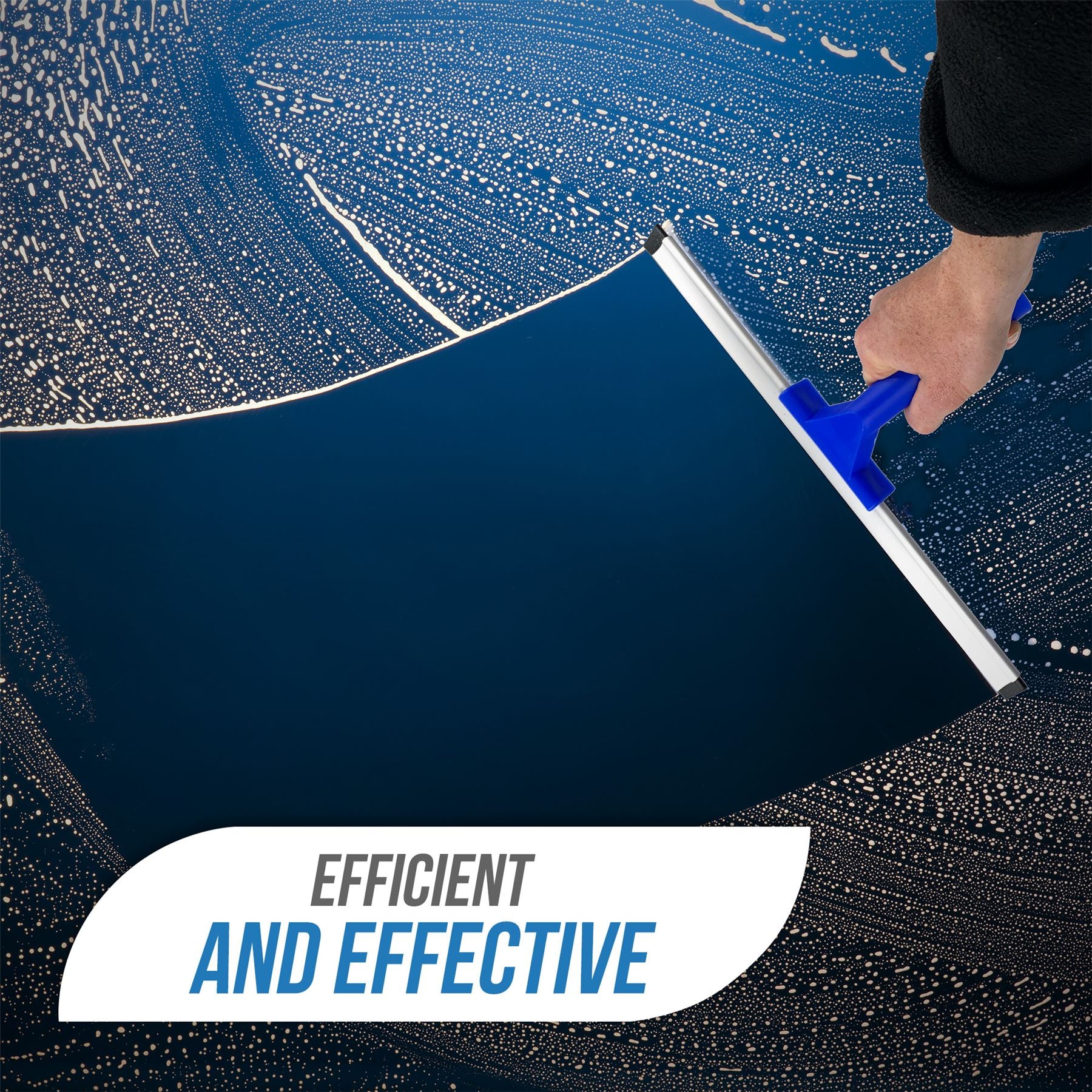 Person using a squeegee to clean a window with the text 'Efficient and Effective'.