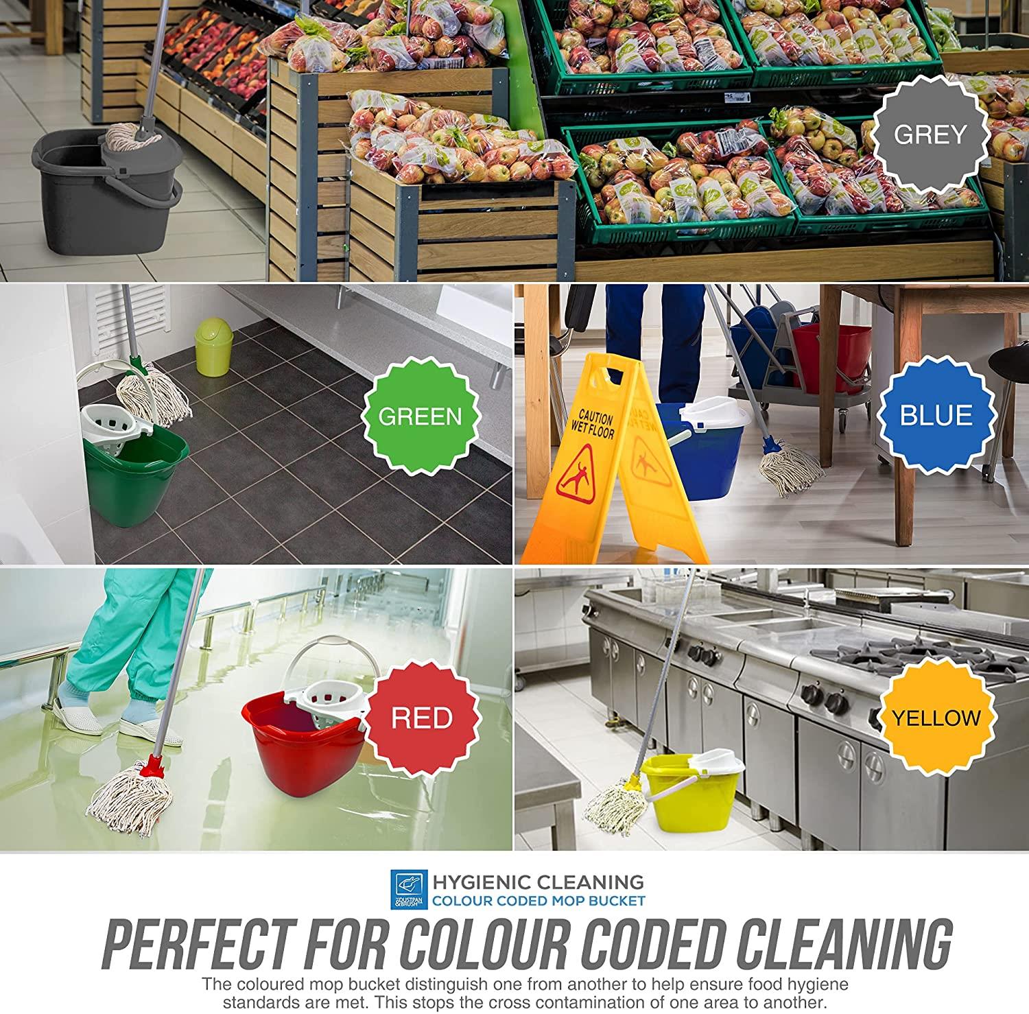 Collage of cleaning scenes with color-coded buckets and signs, promoting hygienic cleaning practices.