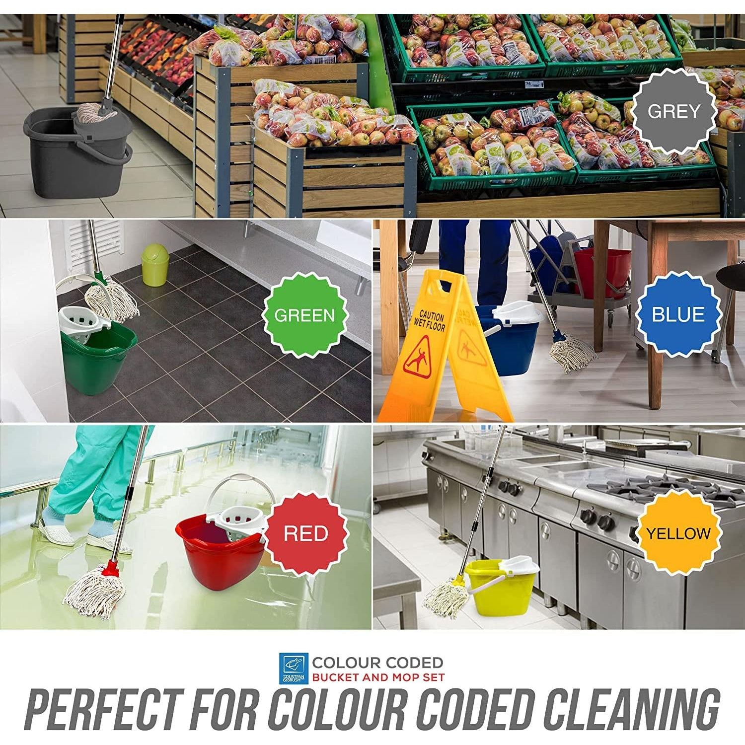 Red Mop Bucket with 2 Cotton Mop Heads and 4 Piece Handle - The Dustpan and Brush Store