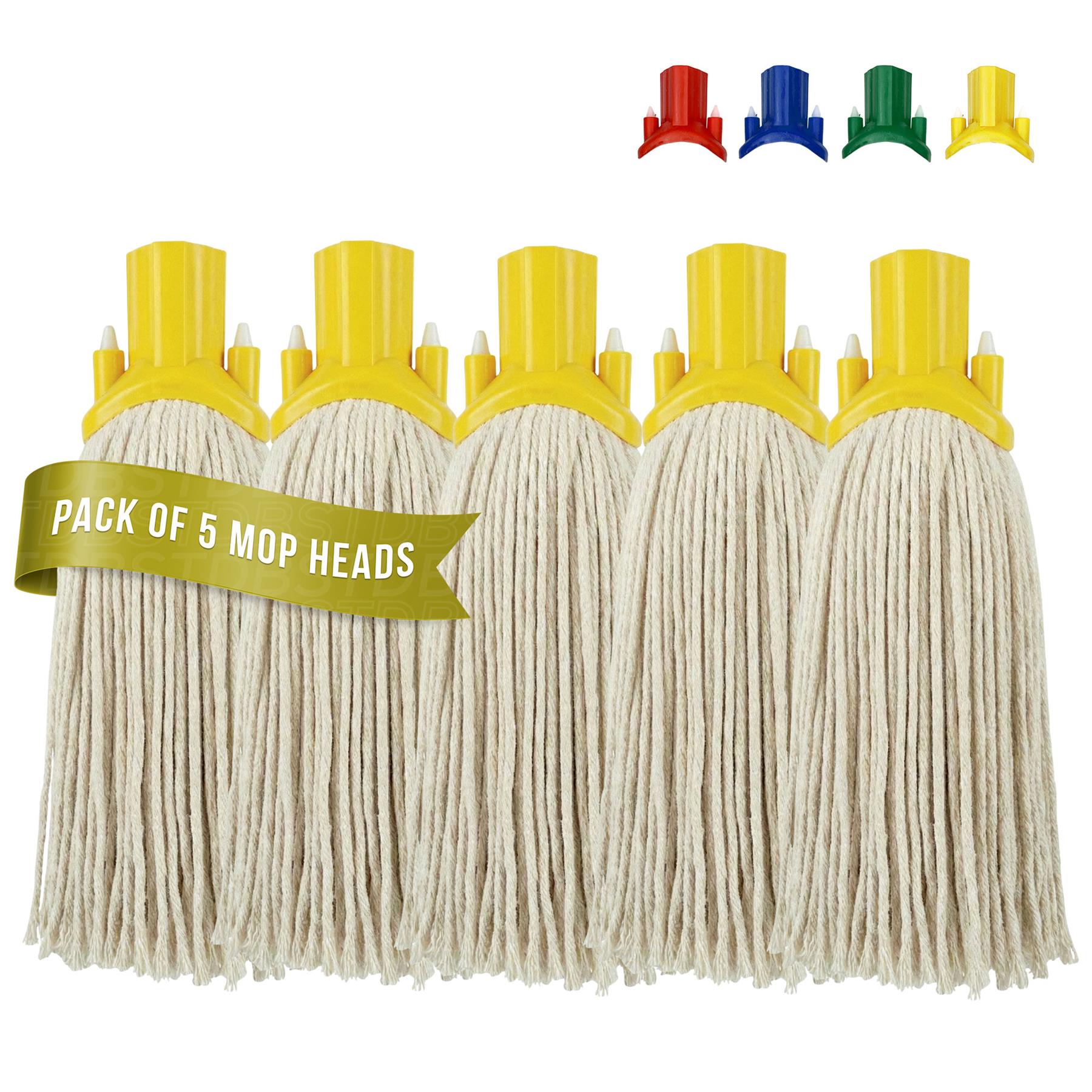 A pack of five replacement mop heads with beige cotton string and yellow plastic collars, shown on a white background with small color options for the collars at the top right and a green banner reading 'PACK OF 5 MOP HEADS'.