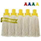A pack of five replacement mop heads with beige cotton string and yellow plastic collars, shown on a white background with small color options for the collars at the top right and a green banner reading 'PACK OF 5 MOP HEADS'.