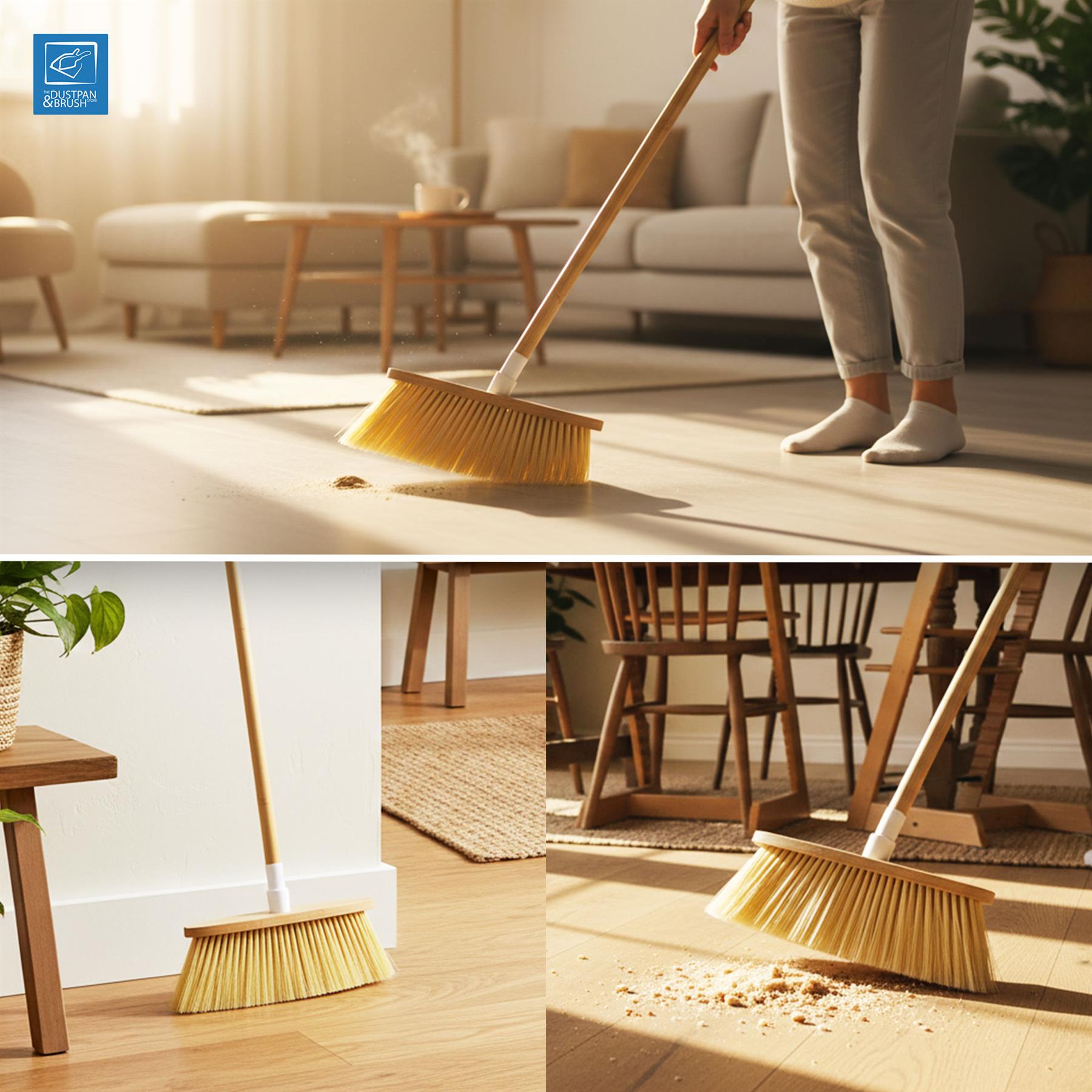 Environmental shot of bamboo indoor broom brushing dust and dirt up
