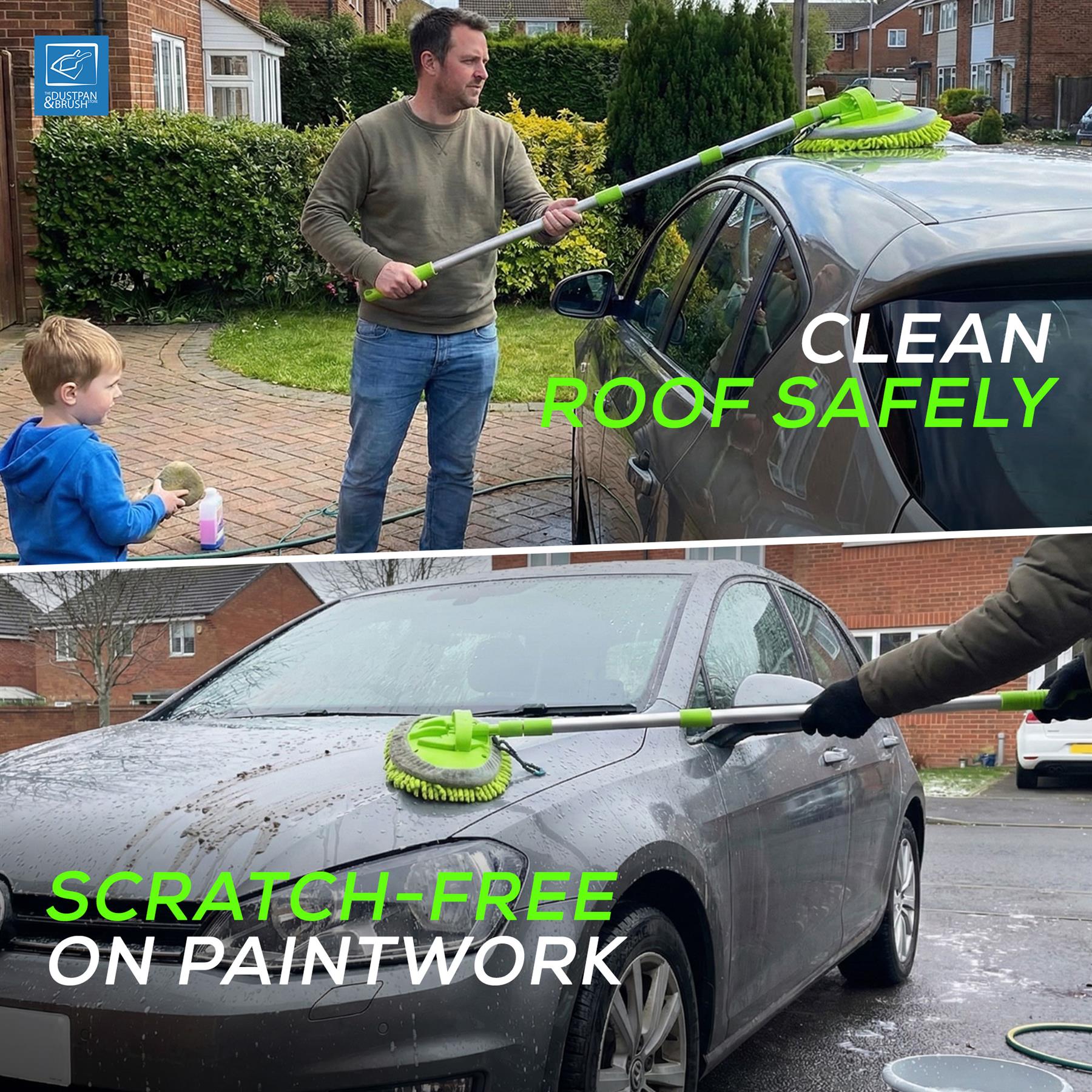 Two images showing a person cleaning a car roof with a tool and text about safe cleaning and scratch-free paintwork.