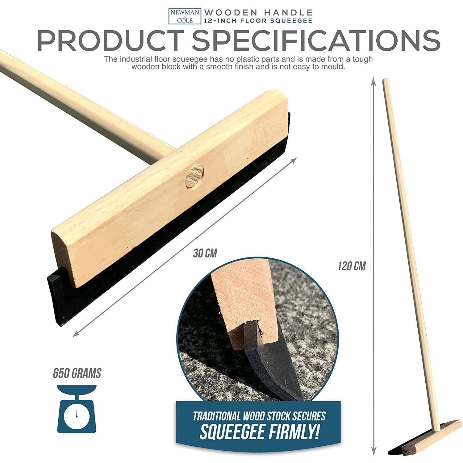 12" Newman & Cole floor squeegee specifications - 30cm width and 120cm height - on a clear white background
