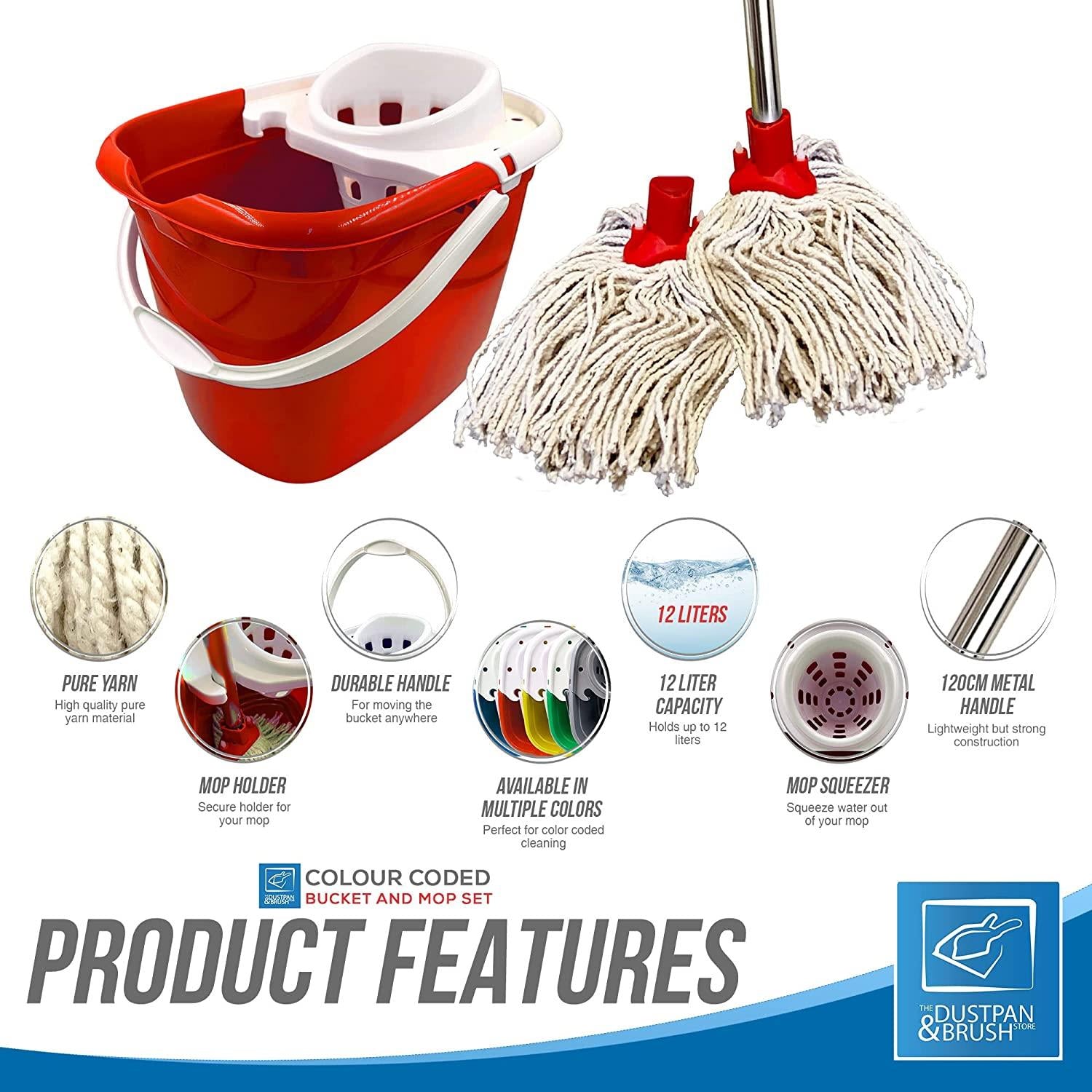 Red Mop Bucket with 2 Cotton Mop Heads and 4 Piece Handle - The Dustpan and Brush Store