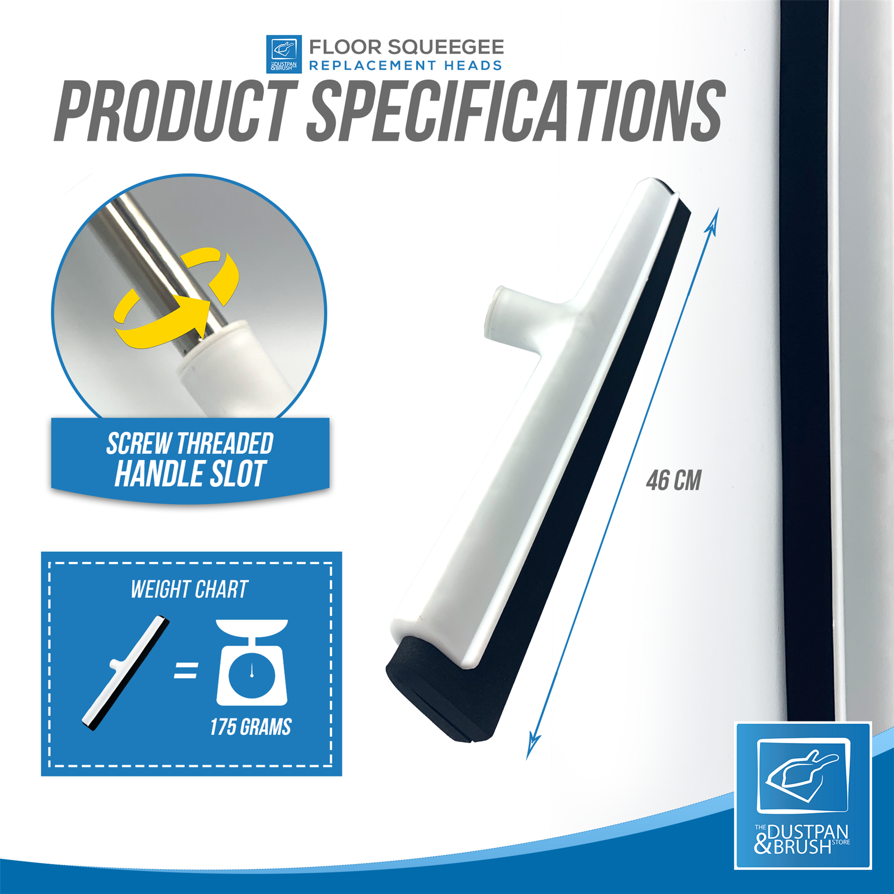 Product specifications graphic for a Floor Squeegee replacement head, showing the squeegee with a 46 cm length, a screw threaded handle slot inset, a weight chart indicating 175 grams, and a rustban overlay badge.