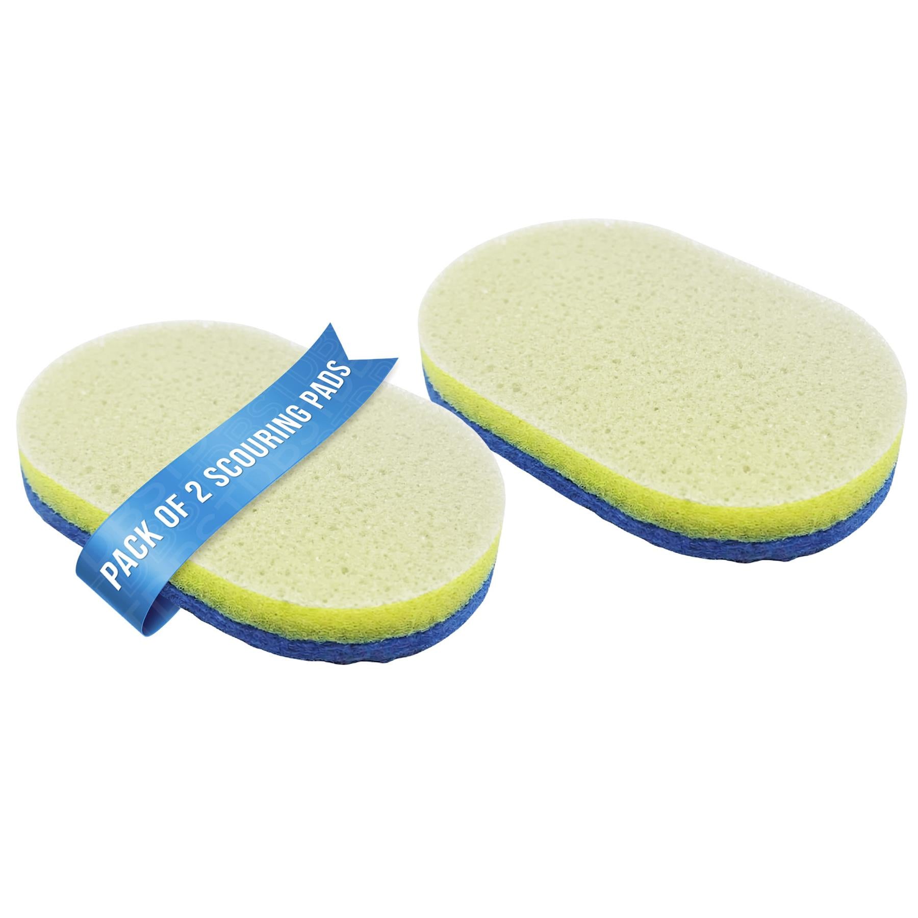 Two oval-shaped sponge scrubbers with a blue and yellow color scheme, shown on a plain white background. One sponge is wrapped in a blue paper band that reads 'PACK OF 2 SCOURING PADS'.