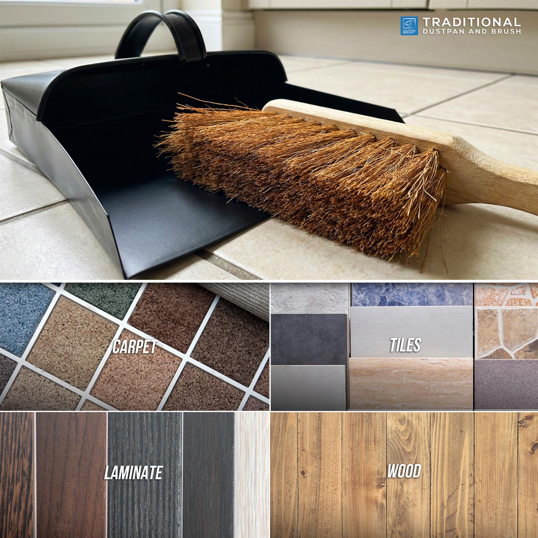 Dustpan and brush with flooring types it can work on below