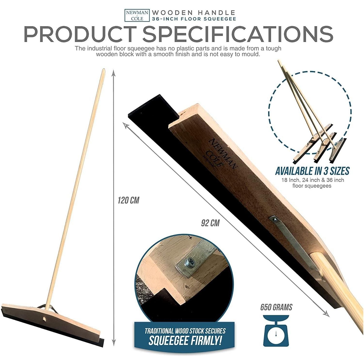 36" Newman and Cole Wooden Floor Squeegee with 1 1/8 Taper Handle - The Dustpan and Brush Store