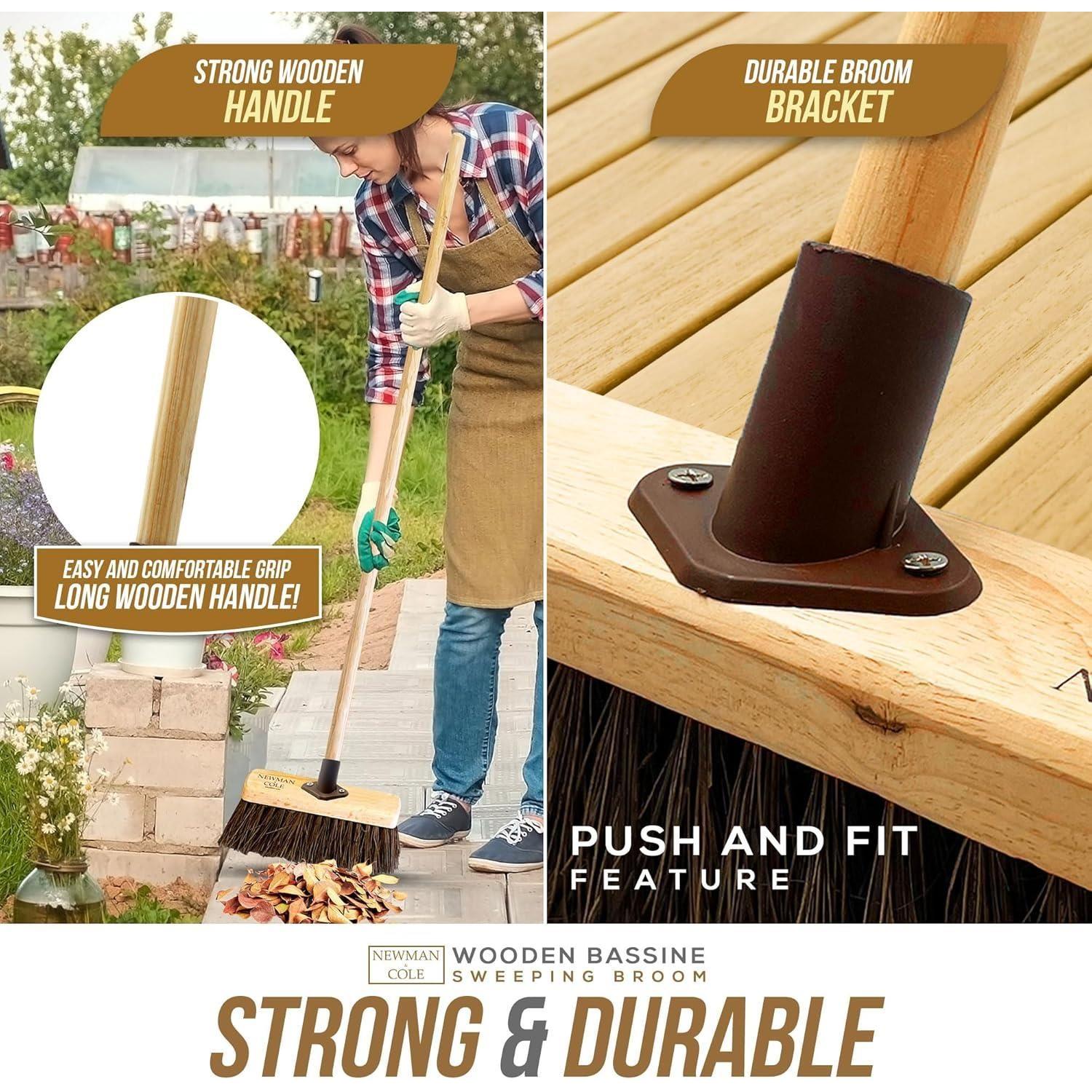 10" Stiff Bassine Brooms with Wooden Handles - Pack of 2 Environmental image - strong and durable