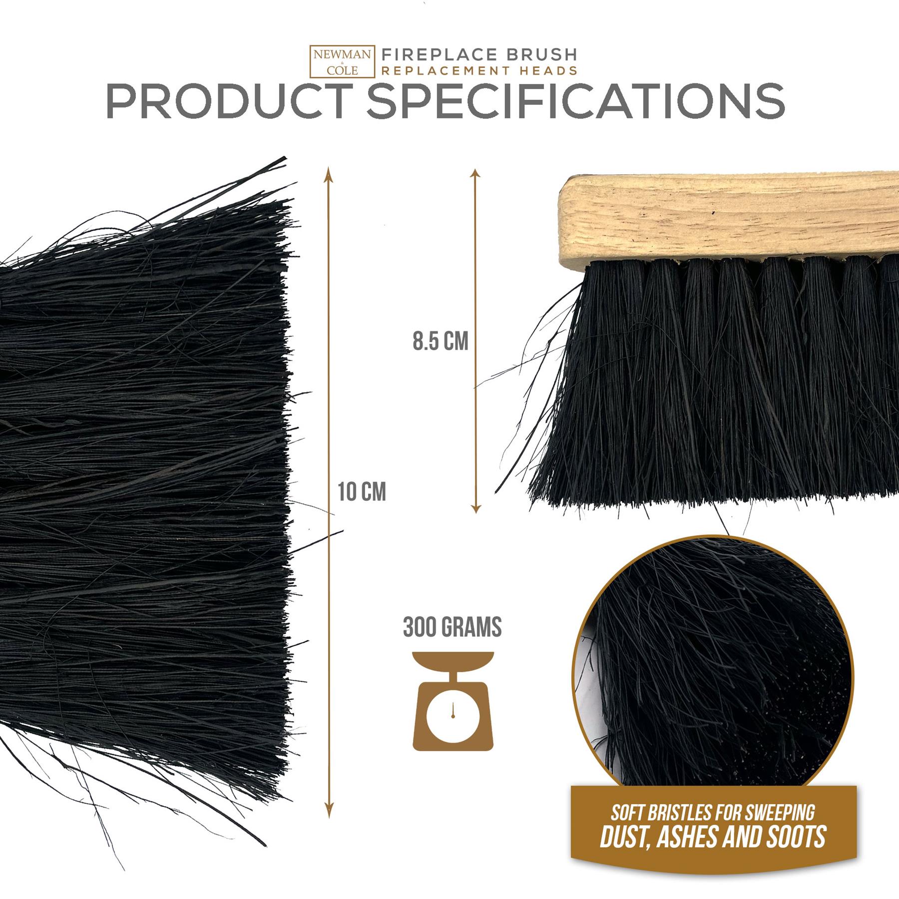 Product specifications graphic for a fireplace brush replacement head, showing the black soft bristles, wooden handle, dimensions of 8.5 cm and 10 cm, 300 grams weight, and a close-up of the bristles on a white background.