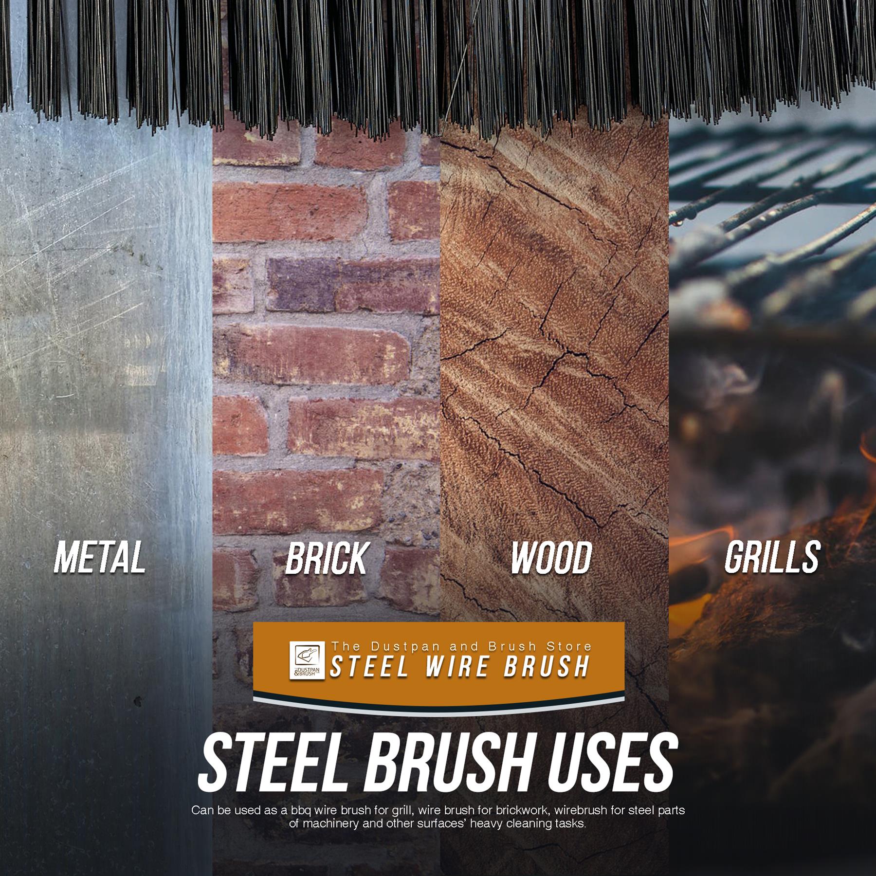 Promotional graphic for a steel wire brush showing four application examples: a brushed metal surface, a brick wall, a wood grain surface, and grill grates. The text reads 'STEEL BRUSH USES' with the Steel Wire Brush logo and description below.
