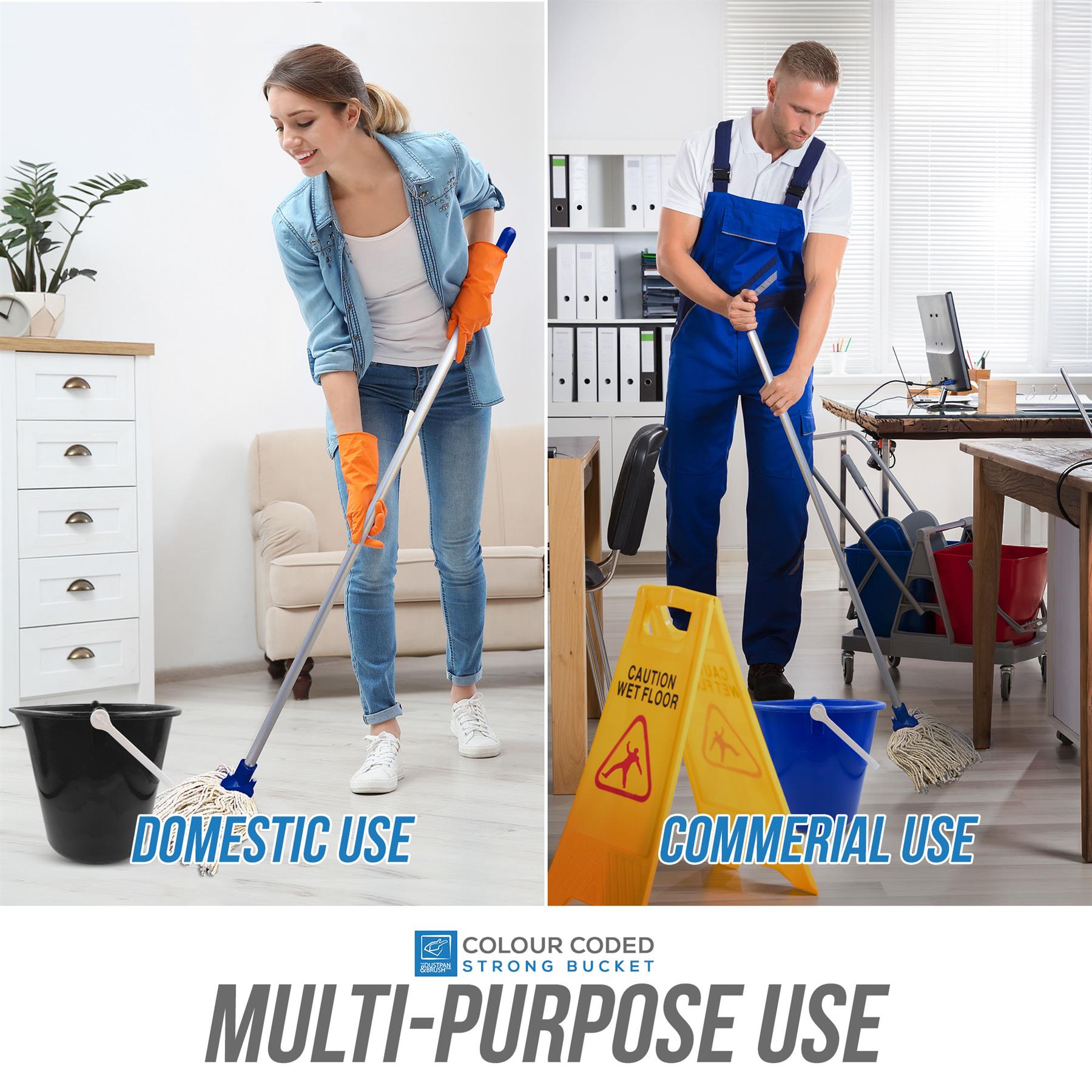 Two people cleaning, one labeled 'Domestic Use' and the other 'Commercial Use', with cleaning equipment.