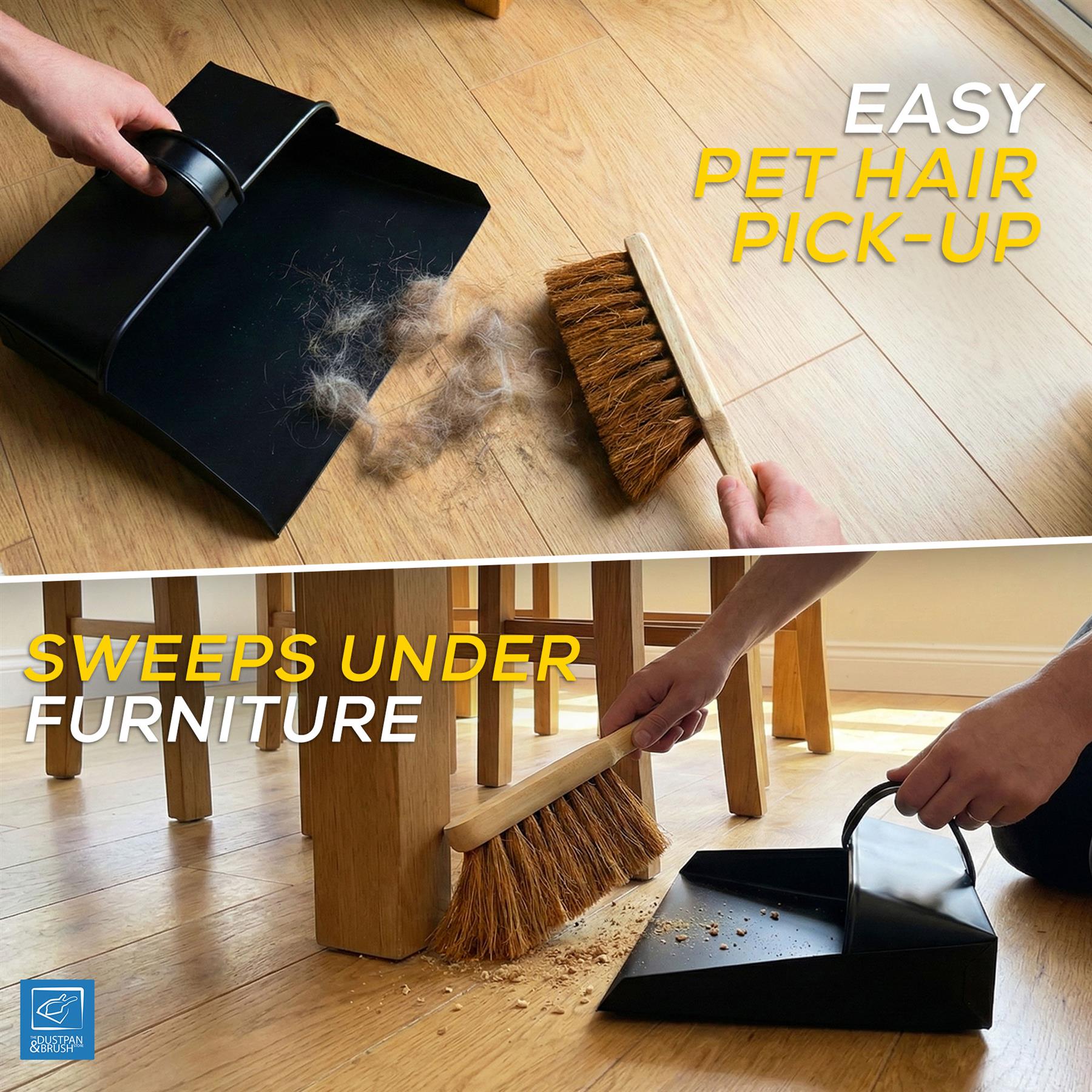 Cleaning setup with Metal Hooded Dustpan and Brush Set with Soft Coco Brush on a wooden floor, highlighting pet hair pick-up and sweeping under furniture.