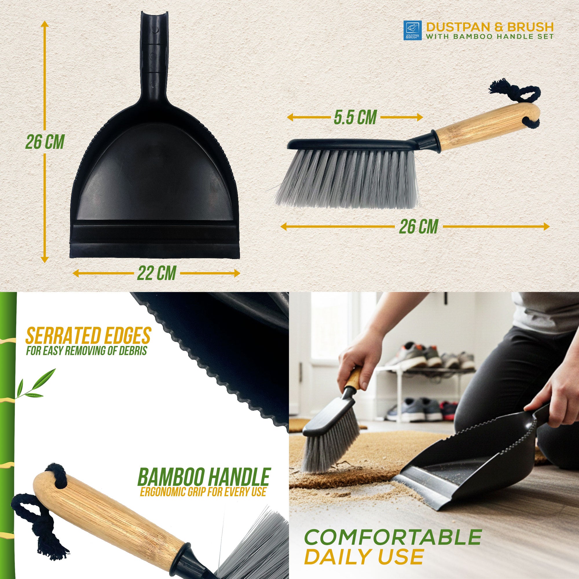 Dustpan and brush set with measurements and usage examples on a beige background