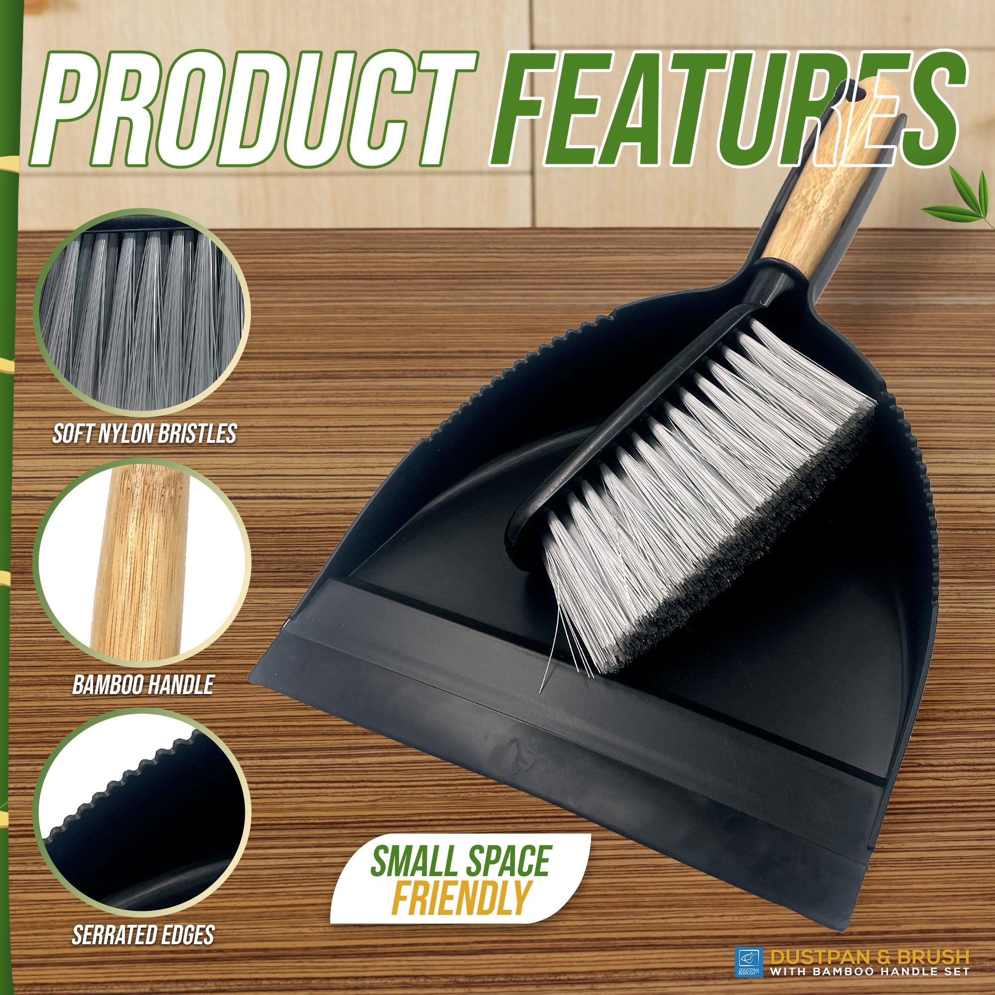 Dustpan and brush set with bamboo handle on a wooden surface, featuring product features.