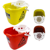 Two plastic mop buckets with wringer strainers shown in yellow and red, plus two smaller closed bucket views in olive green and brown on a white background.