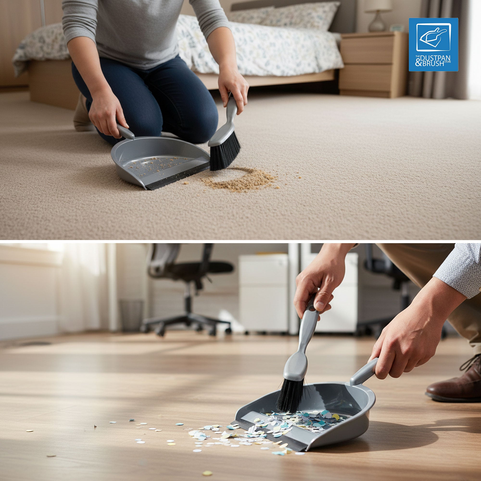 Person cleaning a carpet and a wooden floor with a dustpan and brush, featuring the Dustpan and Brush company logo